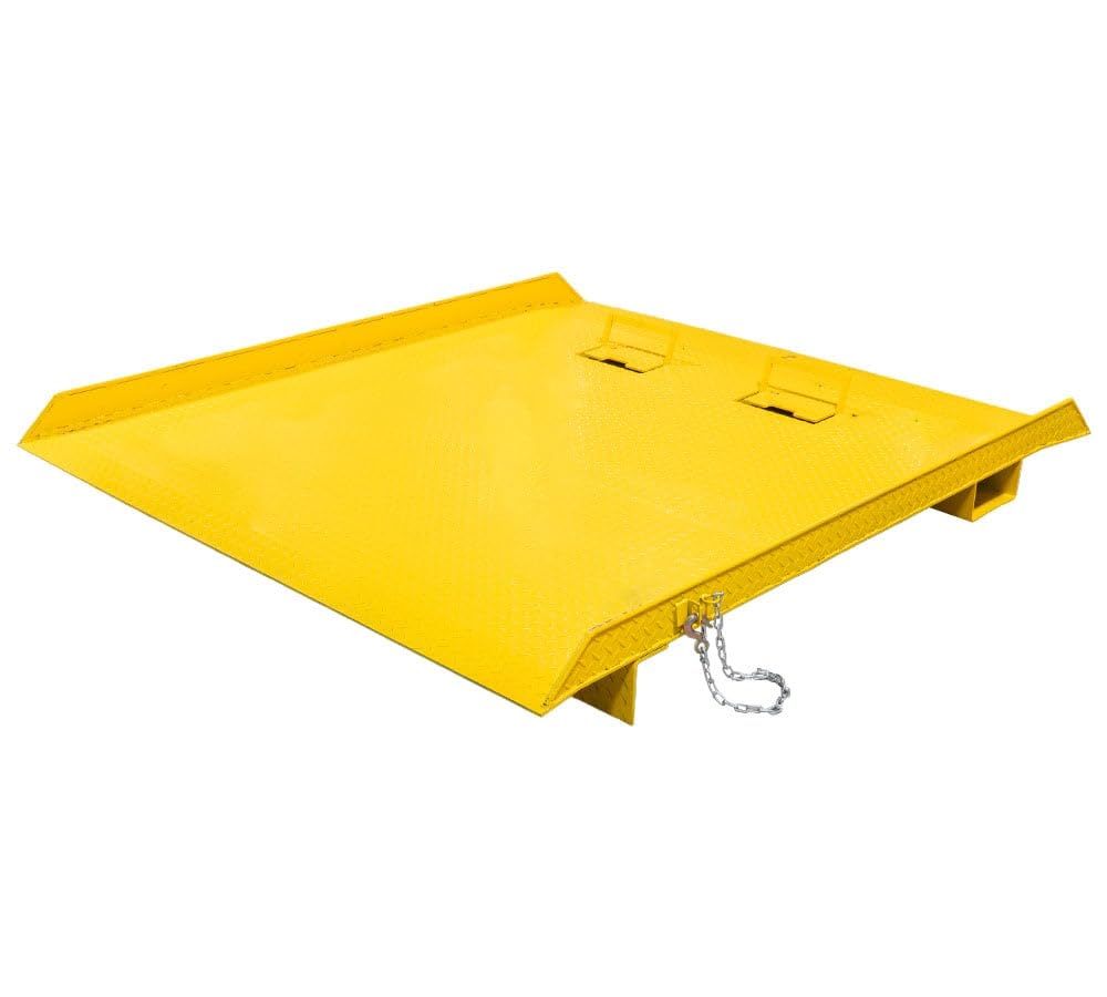 Mytee Products 84" x 96" Heavy Duty Shipping Container Ramp w/Fold-Down Loop Flips, Safety Chain & Pin - Forklift Compatible - 15,000 lbs - Spray Paint Coated Steel - Yellow