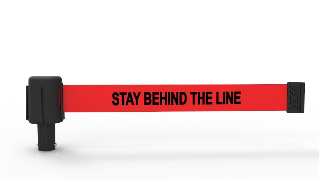 Banner Stakes Crowd Control Plus Cart Package & Accessory Tray, 75' Total Retractable Belt Barrier System - 5 Telescoping Stanchions w/ 15' Red "Stay Behind The Line" Banners (PL4012T)