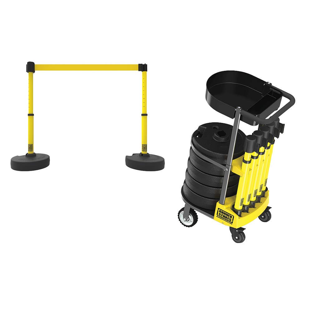 Banner Stakes Crowd Control Plus Cart Package & Accessory Tray, 75' Total Retractable Belt Barrier System - 5 Telescoping Stanchions w/ 15' Yellow Blank Banners (PL4000-YT)