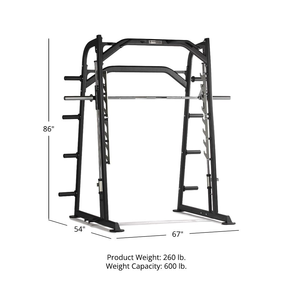 Titan Fitness Smith Machine, Counterbalanced Power Rack with Adjustable Safety Stops, Olympic Fixed Barbell Design, Multi-Grip Pull Up Bar, Resistance Band Pegs, Home Gym Workout Equipment