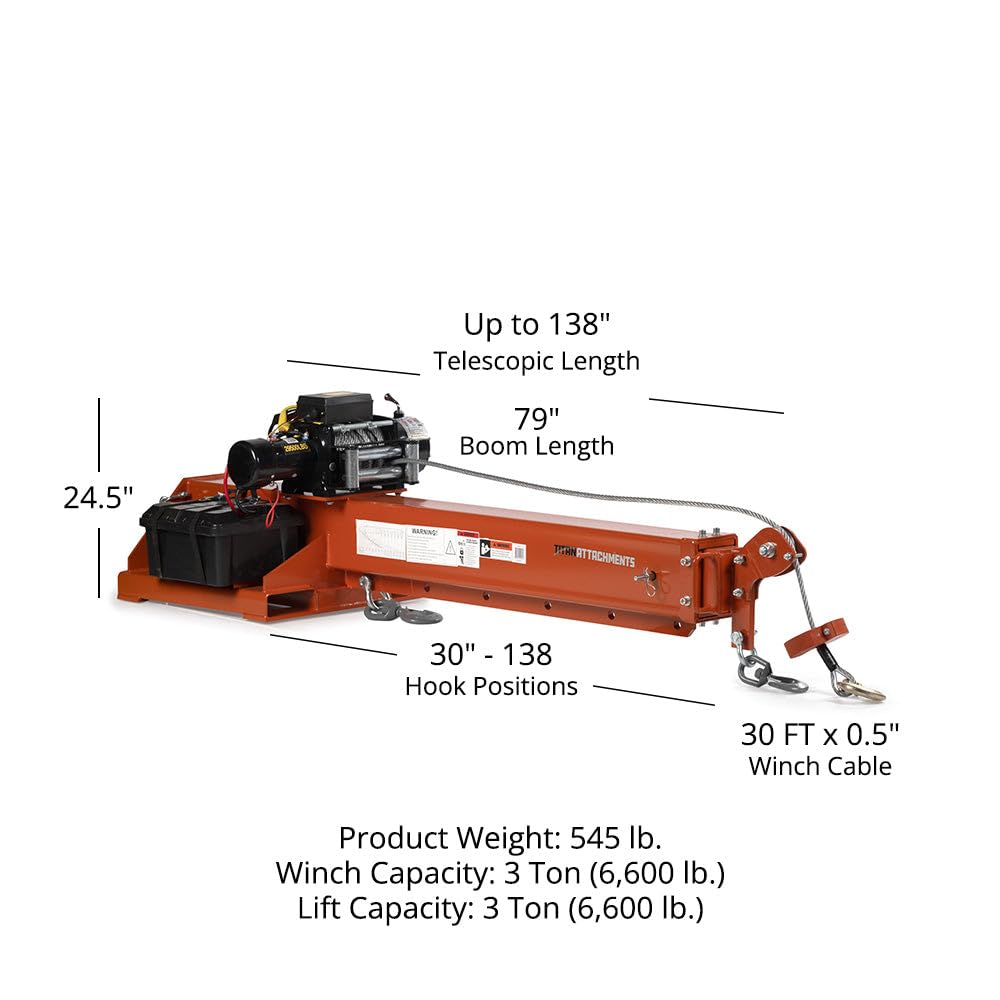 Titan Attachments Fork-Mounted Adjustable Hoist Jib Boom Crane with Electric Winch, Wired and Wireless Controllers, Manual Telescoping Boom Extends Up to 138", 6600 LB Lift Capacity