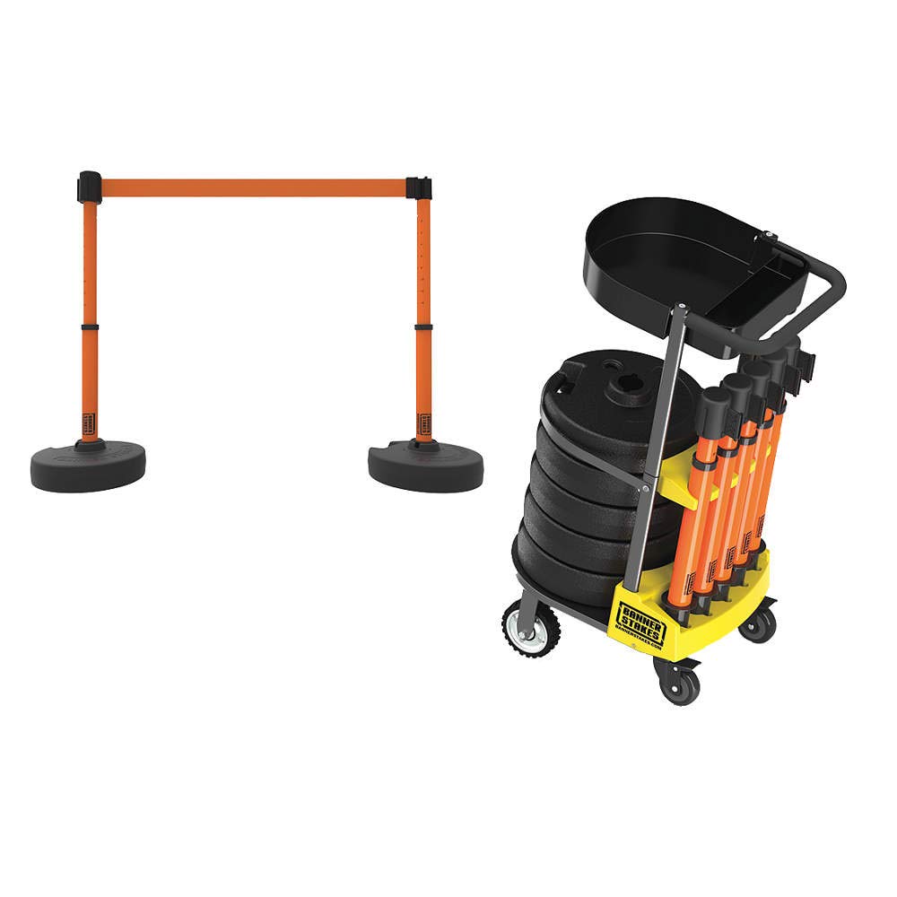 Banner Stakes Crowd Control Plus Cart Package & Accessory Tray, 75' Total Retractable Belt Barrier System - 5 Telescoping Stanchions w/ 15' Orange Blank Banners (PL4000-OT)