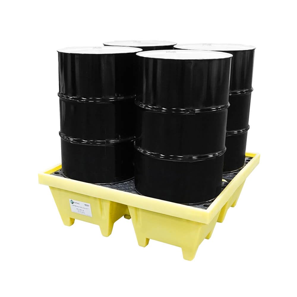 ENPAC 4 Drum Spill Pallet, 4000 Lb, 66-Gallon, with Forklift Pockets, Low Profile, and Removable Grates. EPA/OSHA Compliant