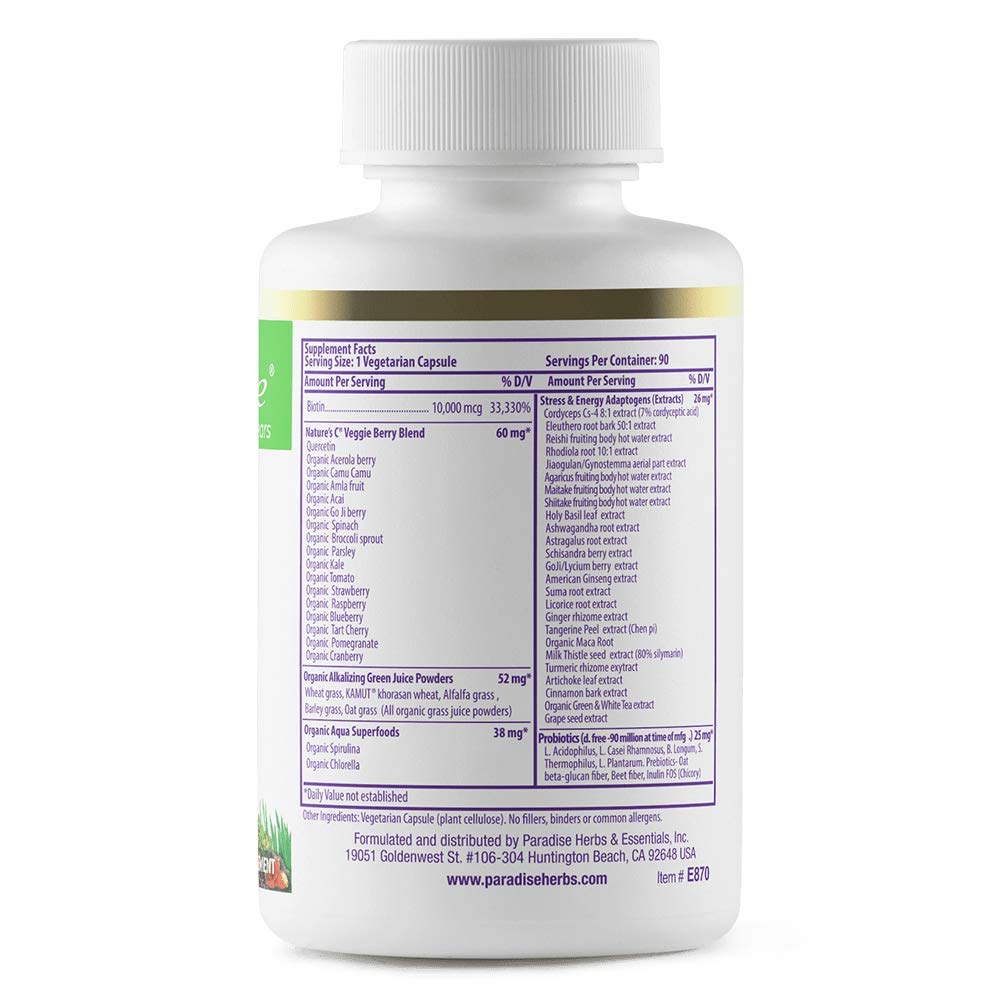 Paradise Herbs Earth's Blend Biotin Supplement, Hair, Skin & Nails, Whole Body Health, Vegan, Non-GMO, 90 Vegetarian Capsules