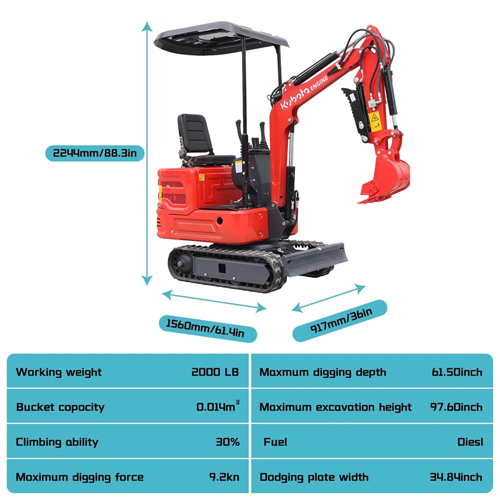 DS-16, 1.4 Tons KubotaDiesel Mini Excavator, w/Pilot System, Full Hydraulic System, Water Cooling, Hydraulic Thumb Clamp, Bucket, Palletfork,Work for Any Occasions, US in Stock red (red2)
