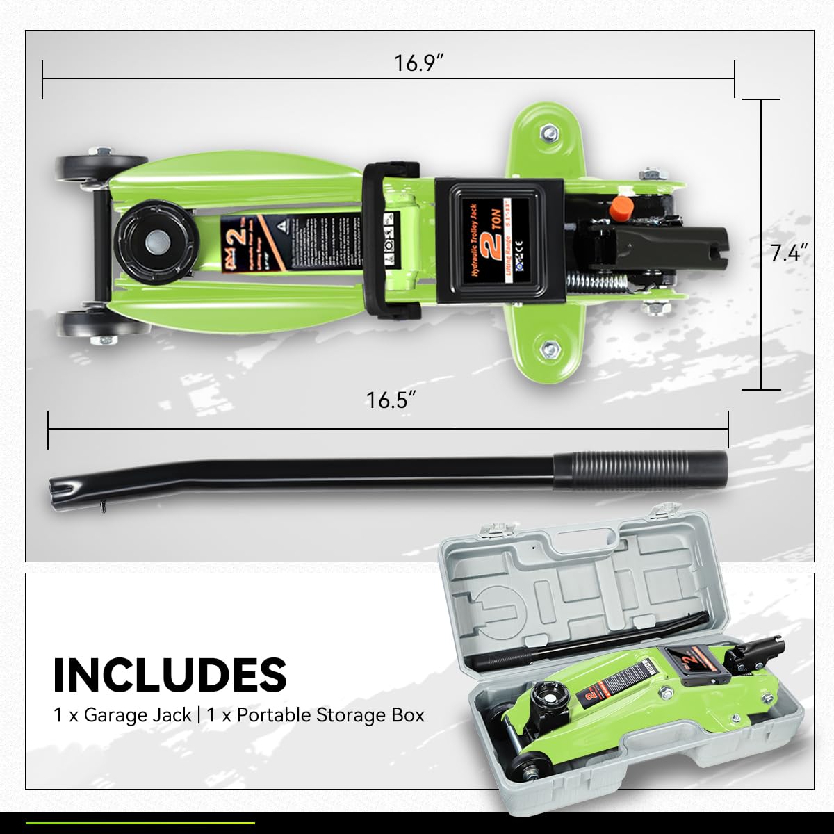 PM PERFORMOTOR Low Profile Hydraulic Trolley Service/Floor Jack Combo with 2 Ratchet Jack Stands, 2 Ton (4000 lbs) Capacity, Green,PM-TOL-FJ3P-GR