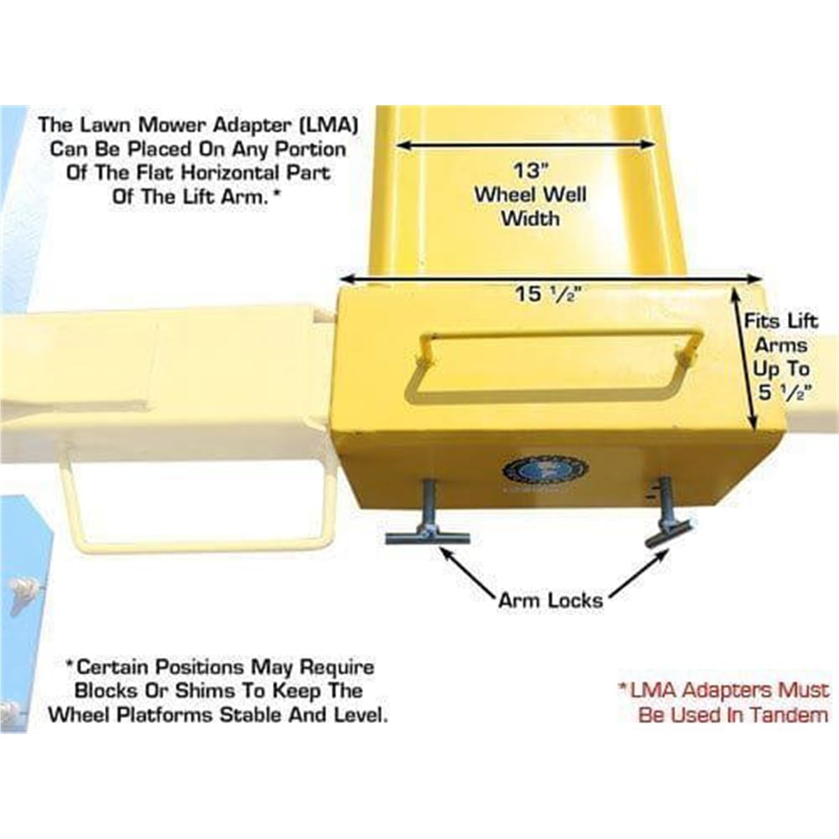 ATLAS Automotive Equipment ATLMA Lawnmower Adapter for 2-Post Lifts, Adjustable with 4 Plates, 5,000 lb. Capacity, 8'11" Width, 32" to 90" Wheelbase, 12" Wheel Well, 1/4" Steel Thickness, 600 lbs.