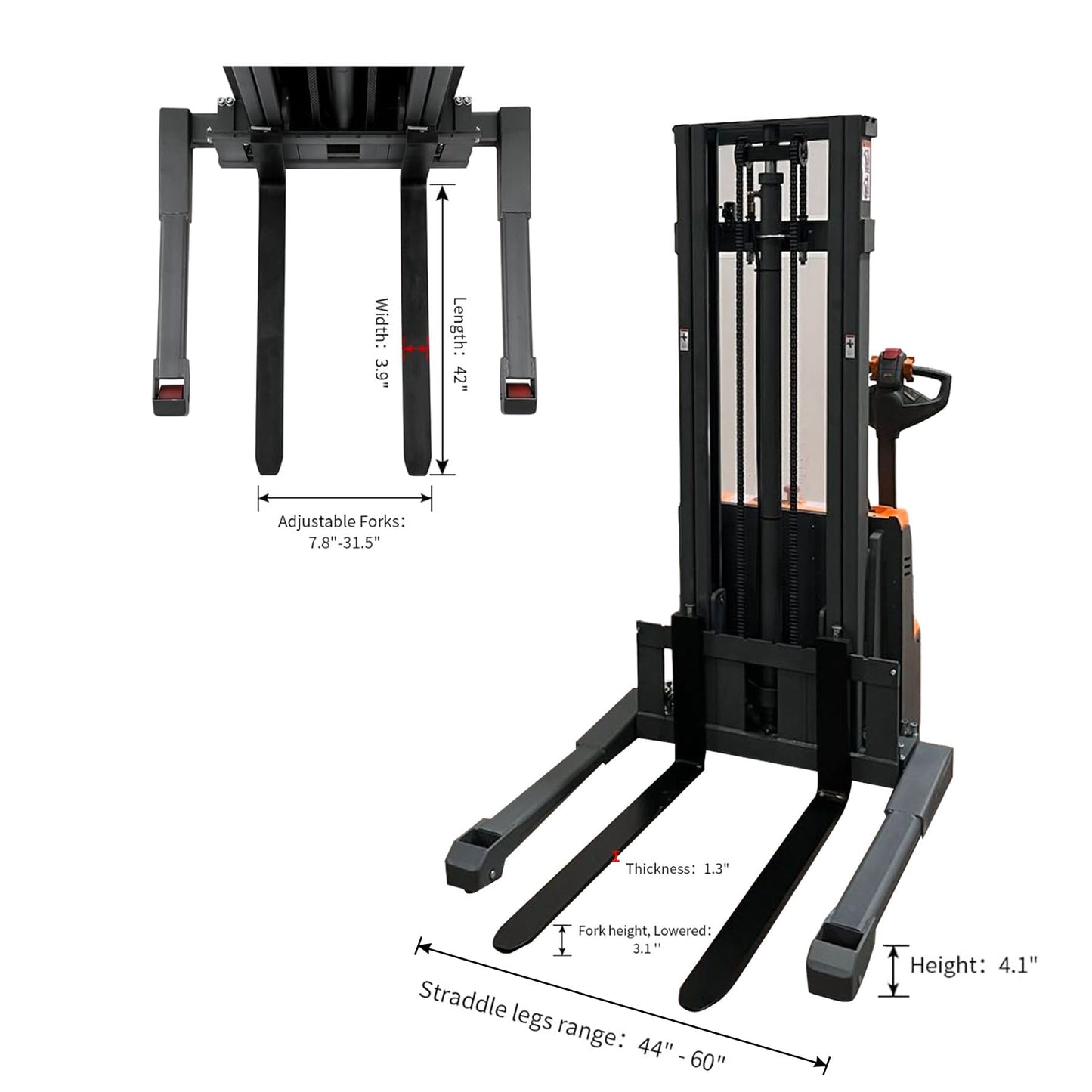 Tory Carrier Full Electric Walkie Pallet Stacker with Straddle Legs 2640lbs Capacity Material Lift 118”Height