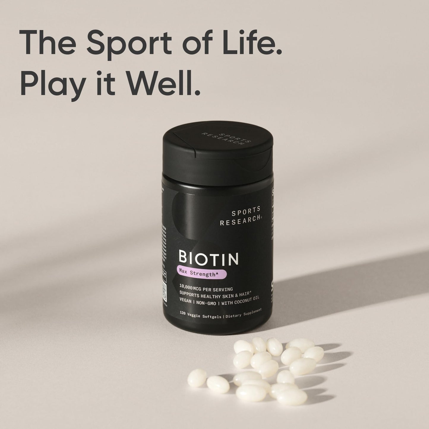 Sports Research® Biotin 10,000mcg with Organic Coconut Oil - Biotin (Vitamin B7) for Healthy Skin and Hair Support* - for Women and Men - Vegan, Non-GMO, Gluten & Soy-Free - 120 Veggie Softgels