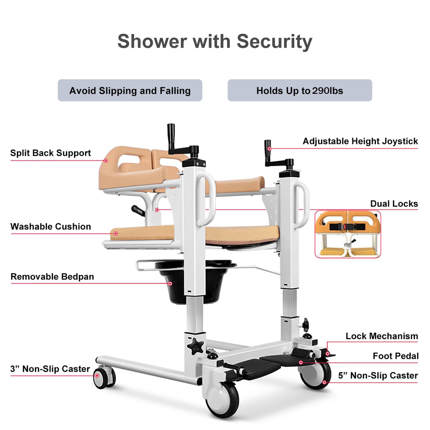 Patient Lift Transfer Chair for Home, 4 in 1 Portable Transfer Chair for Senior Adults, Bed to Toilet Transfer Lift, Ships from USA - Weight Capacity 290 lb - Easy to Use