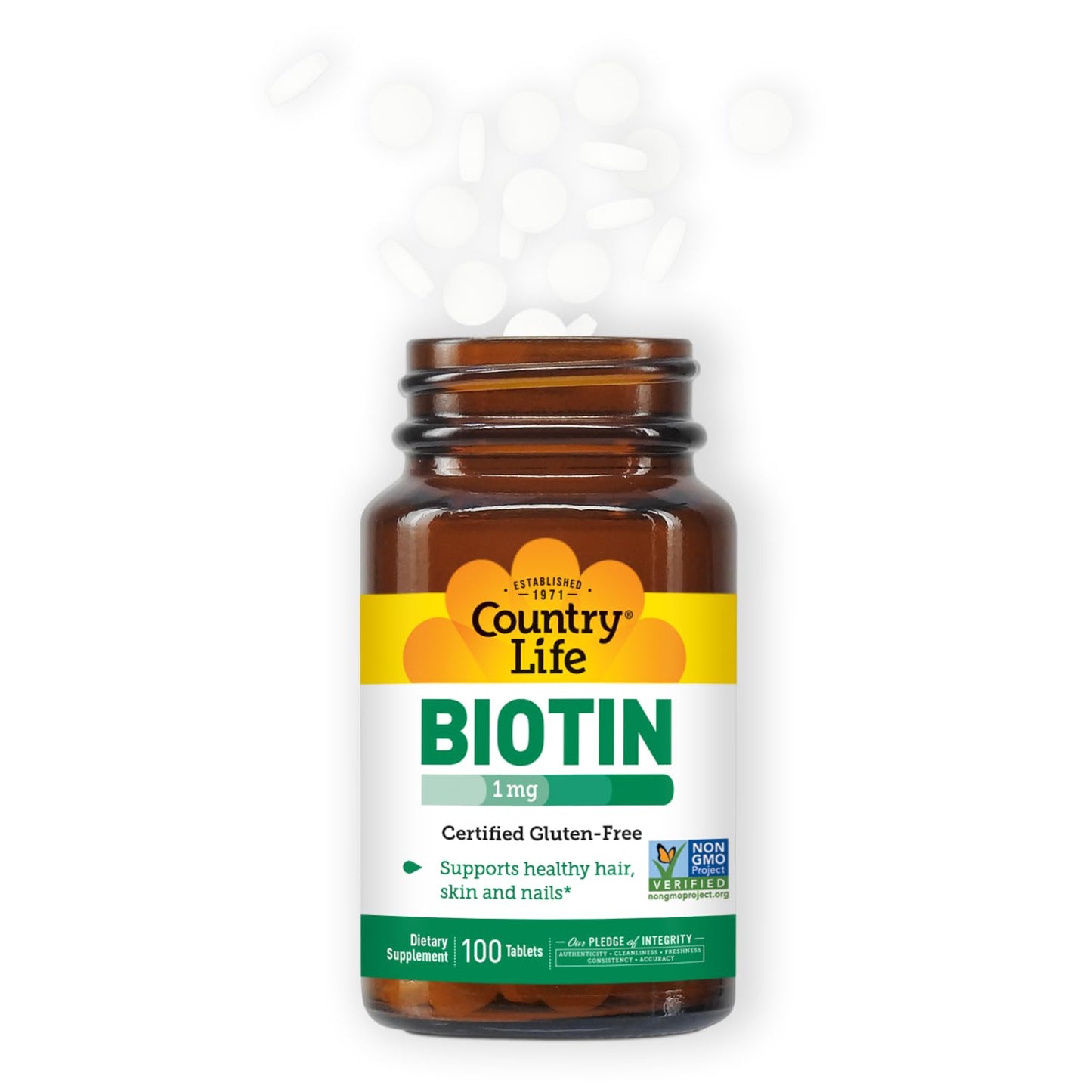 Country Life Biotin 1mg Supports Healthy Hair, Skin & Nails, 100 Tablets, Certified Gluten Free, Vegan, Halal, Non-GMO Verified