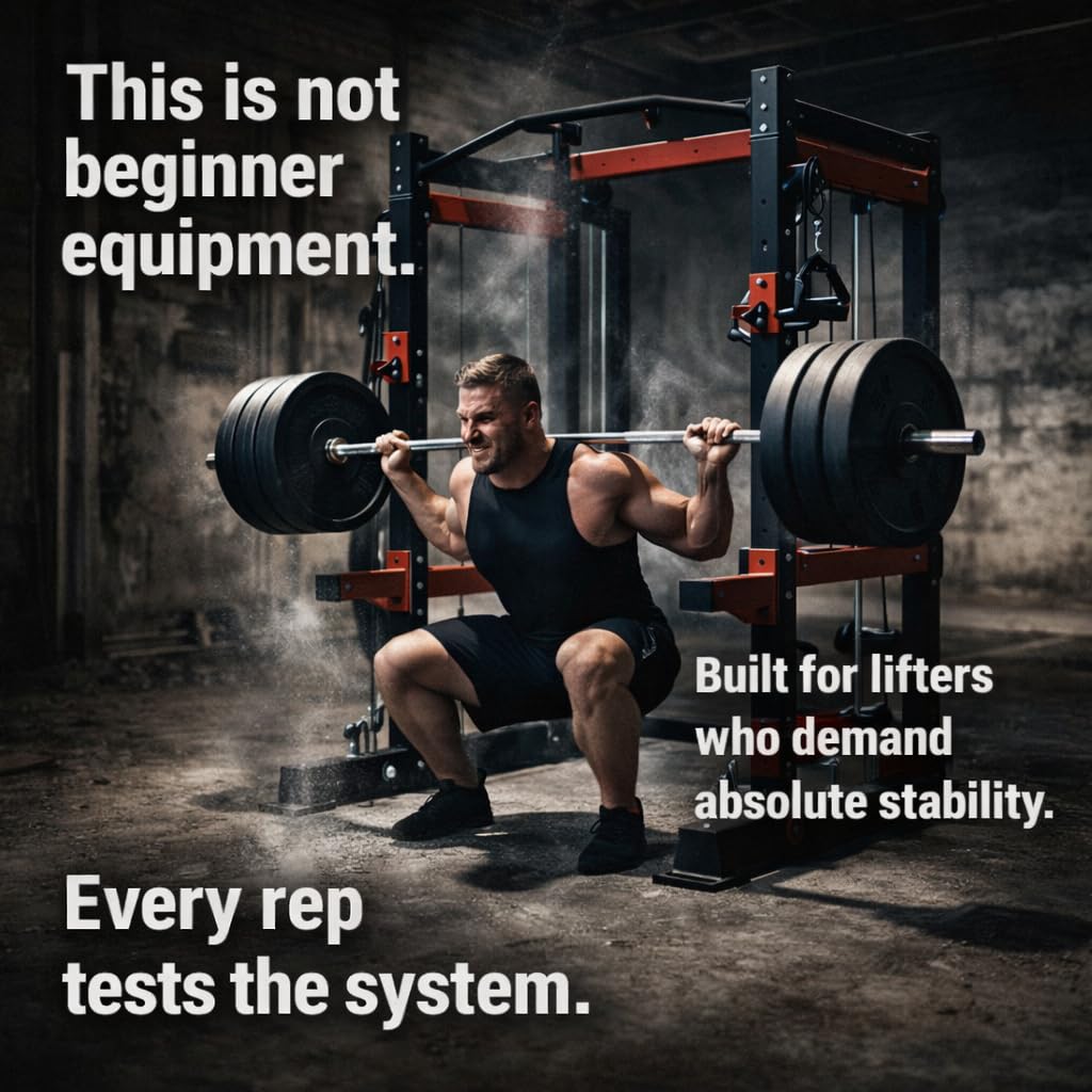 Ckajuoau Smith Machine Black and Red, 3500 lbs Capacity, Alloy Steel and Aluminum, 68" W x 65" D x 90" H, Dual 176 lb Weight Stacks with Cable Crossover