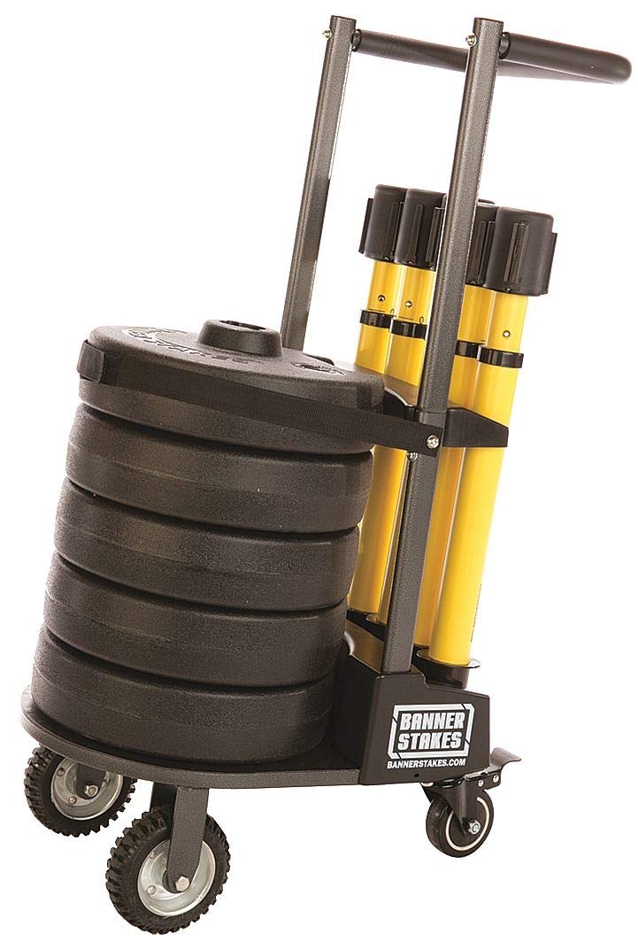 Banner Stakes Crowd Control Plus Cart Package & Accessory Tray, 75' Total Retractable Belt Barrier System - 5 Telescoping Stanchions w/ 15' Yellow "Cleaning in Progress" Banners (PL4005T)