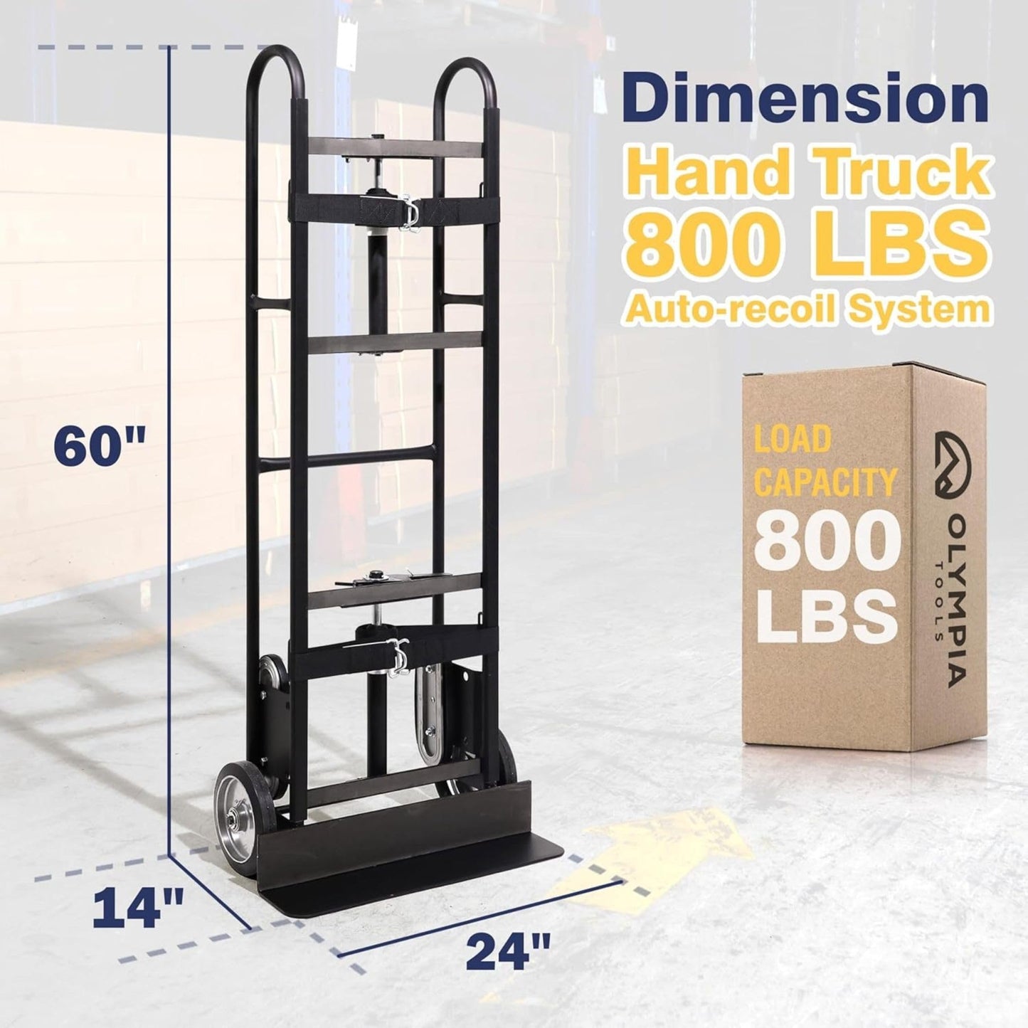 Olympia Tools 800LB Auto-Recoil Appliance Hand Truck - Moving Hand Truck with Easy-to-use Belt Tightener for Transport Large/Bulky Appliances Refrigerator Dolly - Heavy-Duty Furniture Dolly Trolley