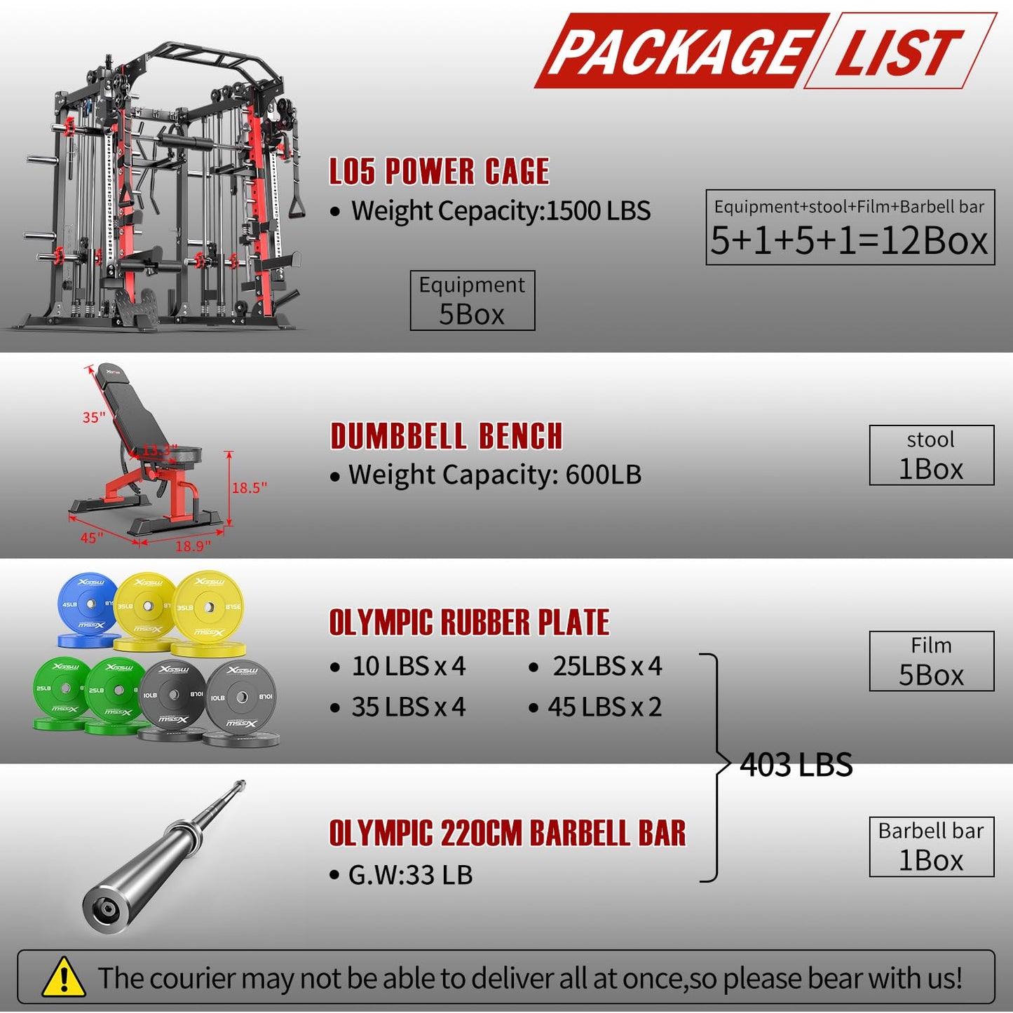 Smith Machine with Cable Crossover System, Multi-Function Squat Rack Power Cage for Home Gym, Power Rack and Packages Weight Sets (Red, L05-Smith Machine+Bench+(Pole+Color BP) 403LBS)