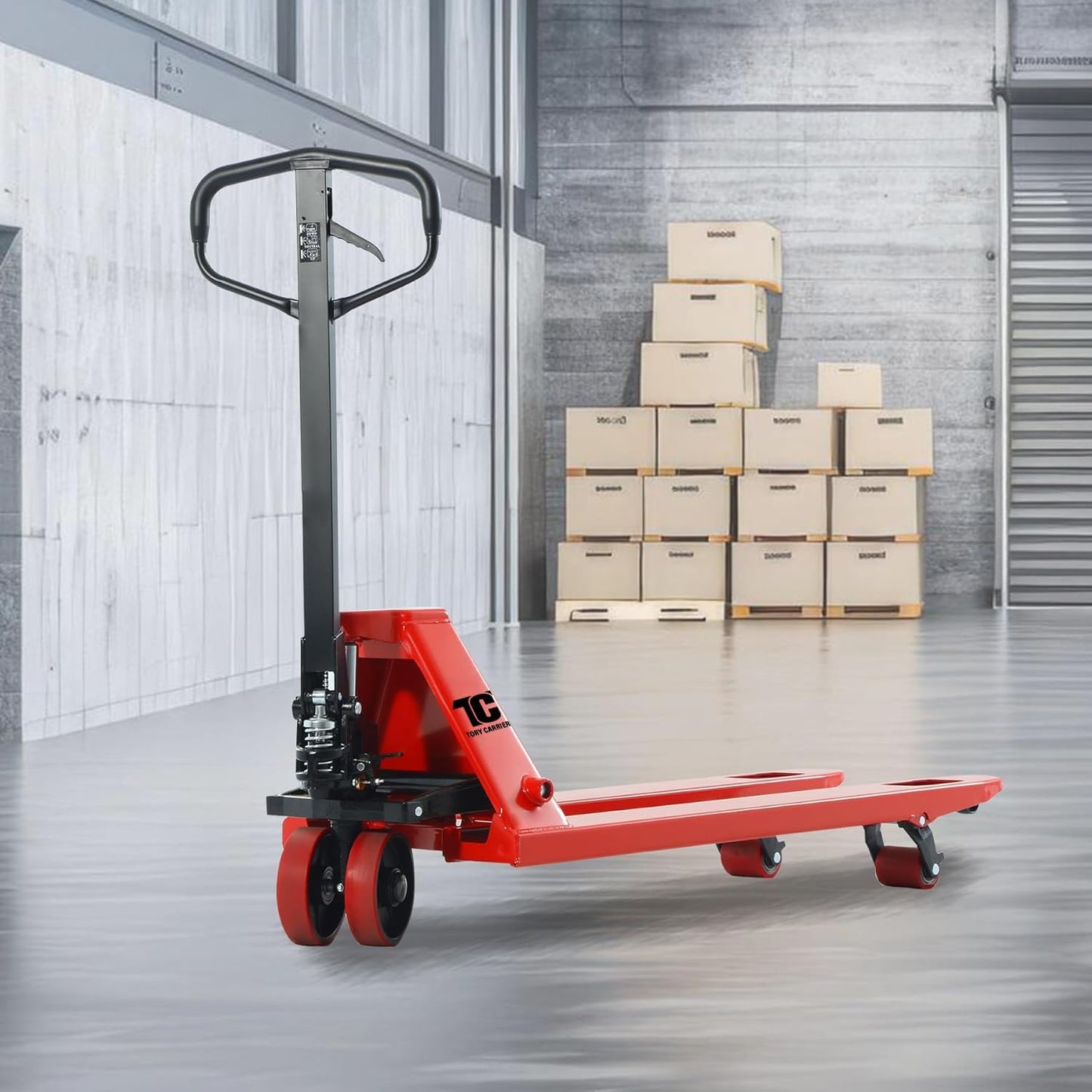 Tory Carrier Pallet Jack Hand Truck Manual Pallet Jacks 6600-Lb. Capacity 27 x 48 Forks Standard Duty, Rubber Handle, PU Wheels