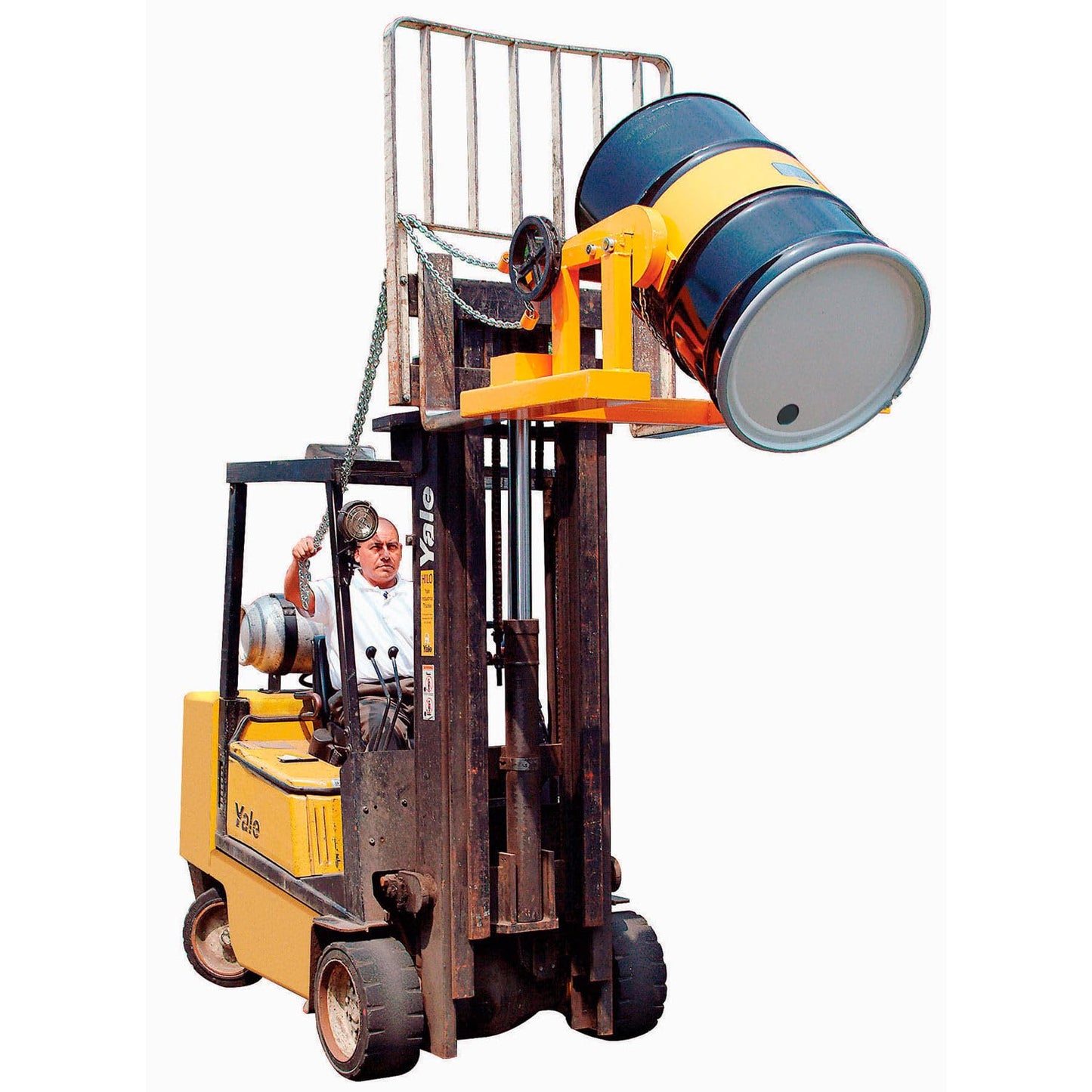 Global Industrial Forklift Tilting Drum Dumper with Pull Chain, 1500 Lbs Capacity,For Use with 55 Gallon Drums, Steel Construction, Yellow Powder Coat Finish