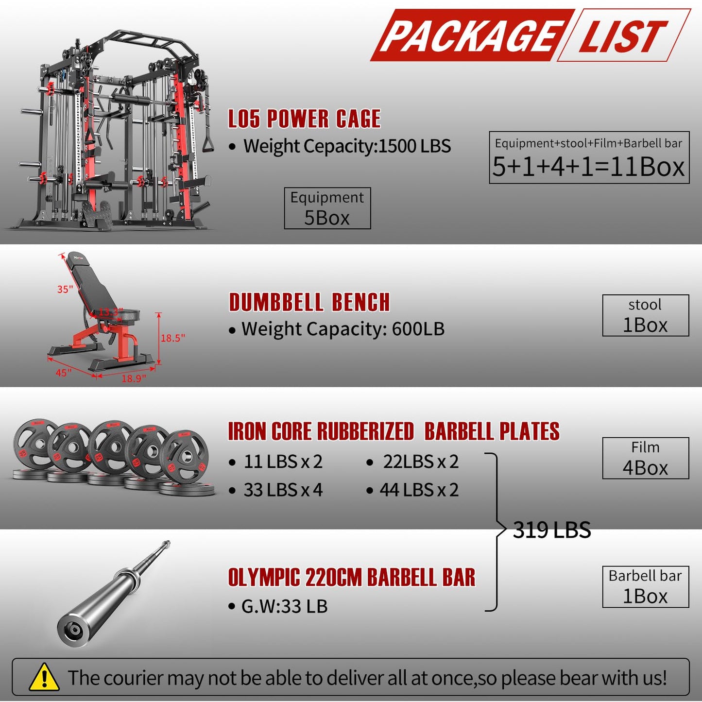 Smith Machine with Cable Crossover System, Multi-Function Squat Rack Power Cage for Home Gym, Power Rack and Packages Weight Sets (Red, L05-Smith Machine+Bench+(Pole+Cast lron) 319LBS)