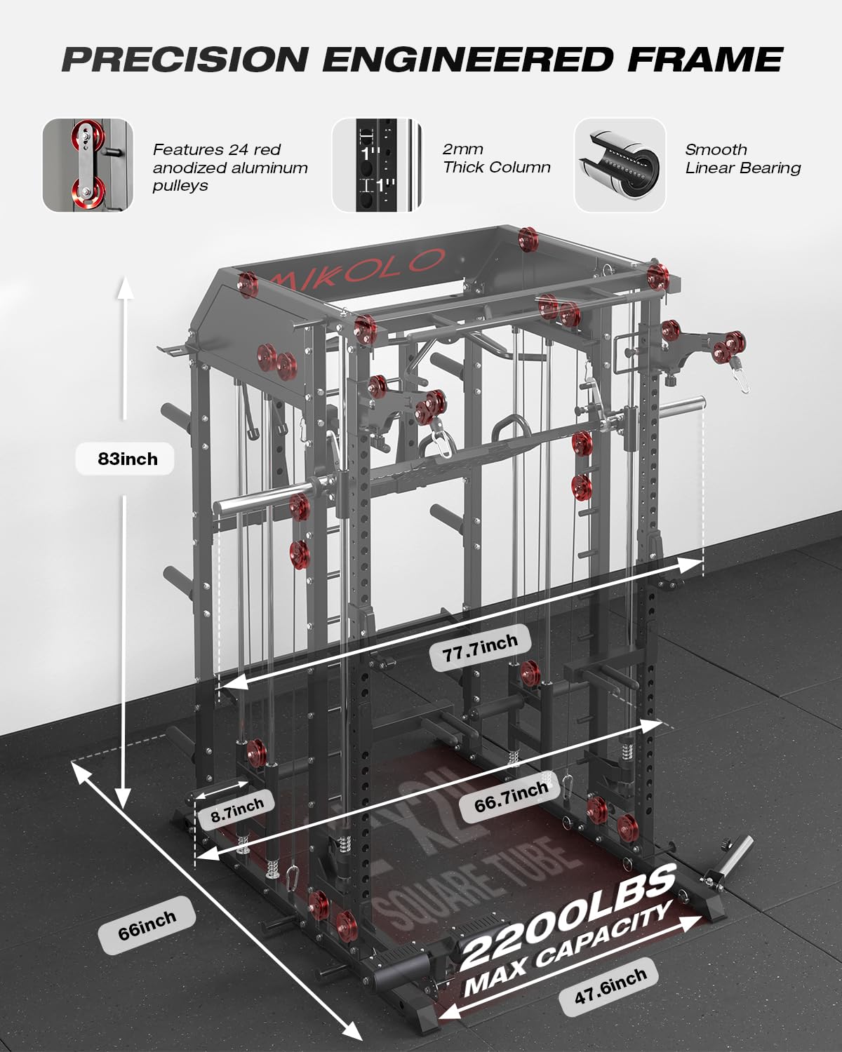 Mikolo Smith Machine, Multi-Function Power Cage with Dual Pulley System, Vertical Leg Press Attachment, Squat Rack Power Rack with More Training Attachment for Home Gym (M7230HPHGPB)