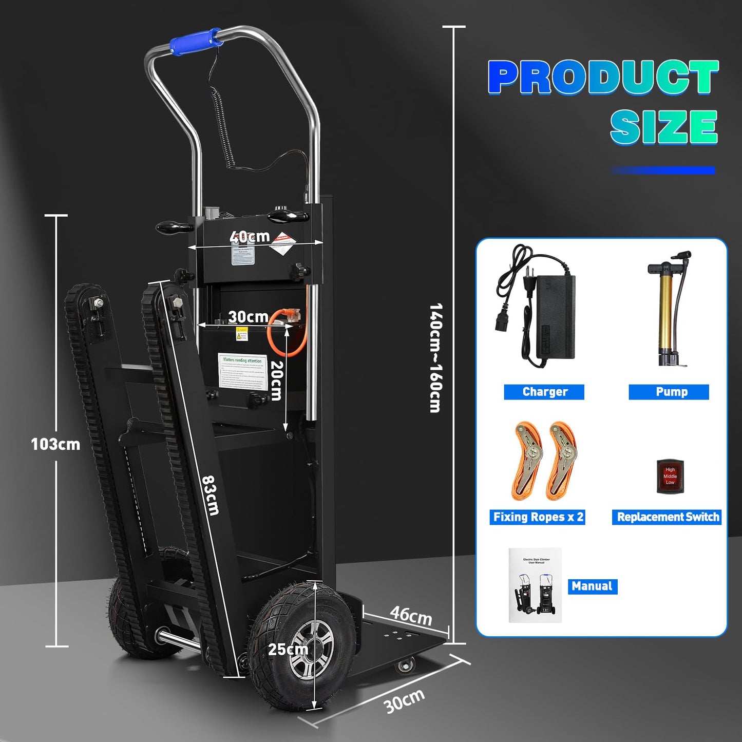 1250W Electric Stair Climbing Dolly, 900lbs Heavy Duty Stair Climber with Retractable Rubber Tracks, Stainless Steel Platform, Lithium Battery & Safety Rope, for Moving Furniture Warehouse, Black