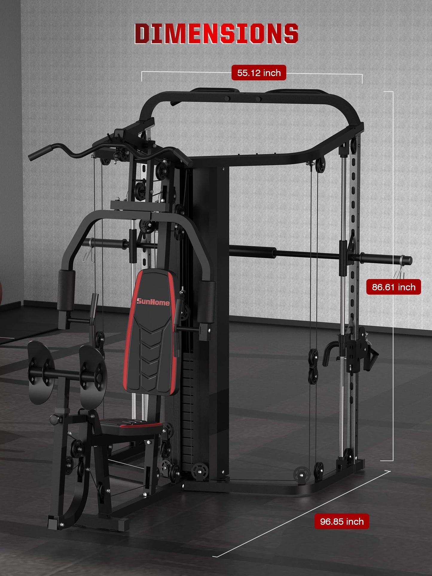 SunHome Multifunction Home Gym Equipment Workout Station, Smith Machine with 138LB Weight Stack and BP, Leg Press, LAT Station for Full Body Training