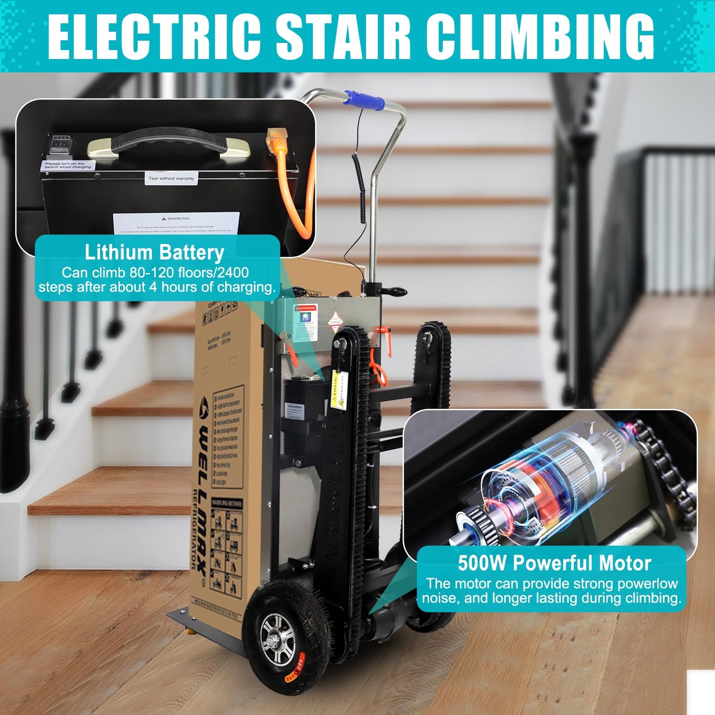 CAMINI Electric Stair Climbing Hand Trucks Dolly Cart for Moving,661LBS 600W Motor Power Heavy Duty Folding Stair Climber Cart Hand Trolley with Solid Wheel (Rubber Tracks-Black)
