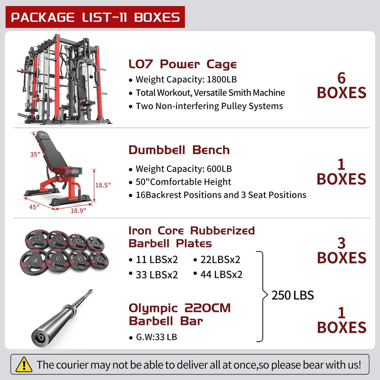 Multi-Purpose Squat Rack,Smith Machine Weight Rack Set with Cable Crossover System, Home Gym Power Racks, Power Racks and Packages (L07 two users, Power cage Red+bench+(pole+Cast lron)250LBS)
