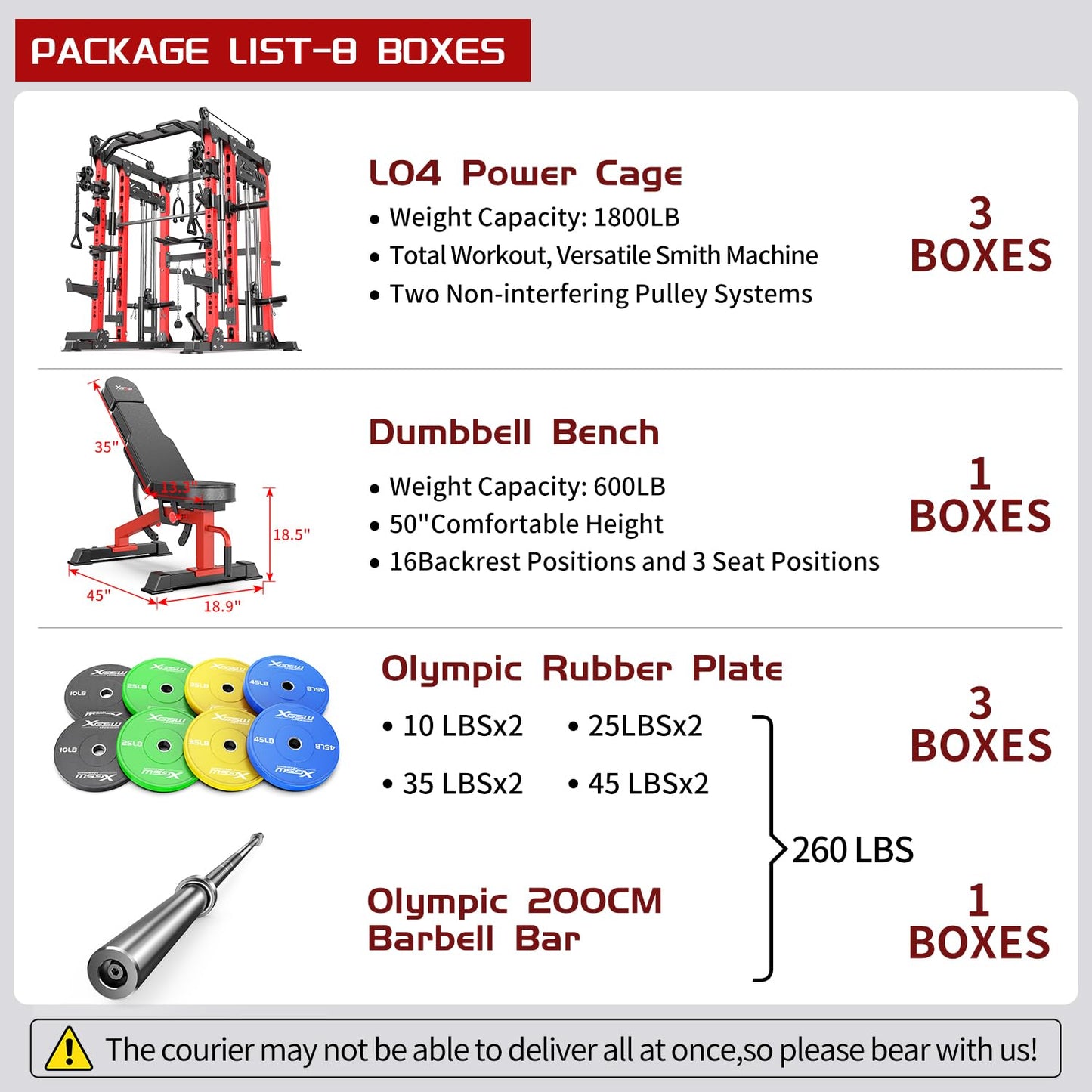 XGSW XINGESIWR Multi-Purpose Squat Rack,Smith Machine Weight Rack Set with Cable Crossover System, Home Gym Power Racks, Power Racks and Packages (L04, Power cage Red+Bench+Color BP 230LBS)