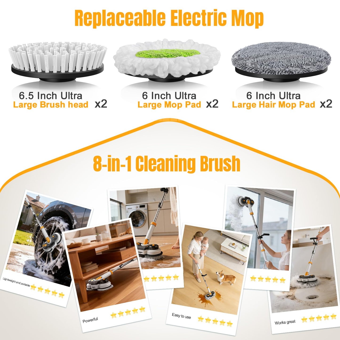 Cordless Electric Mop for Dewalt 20V Battery (NO Battery), 2 in 1 Spin Mop & Electric Floor Scrubber with LED Light & Water Spray, Electric Mops for Floor Cleaning, Hardwood,Tile (White Yellow)
