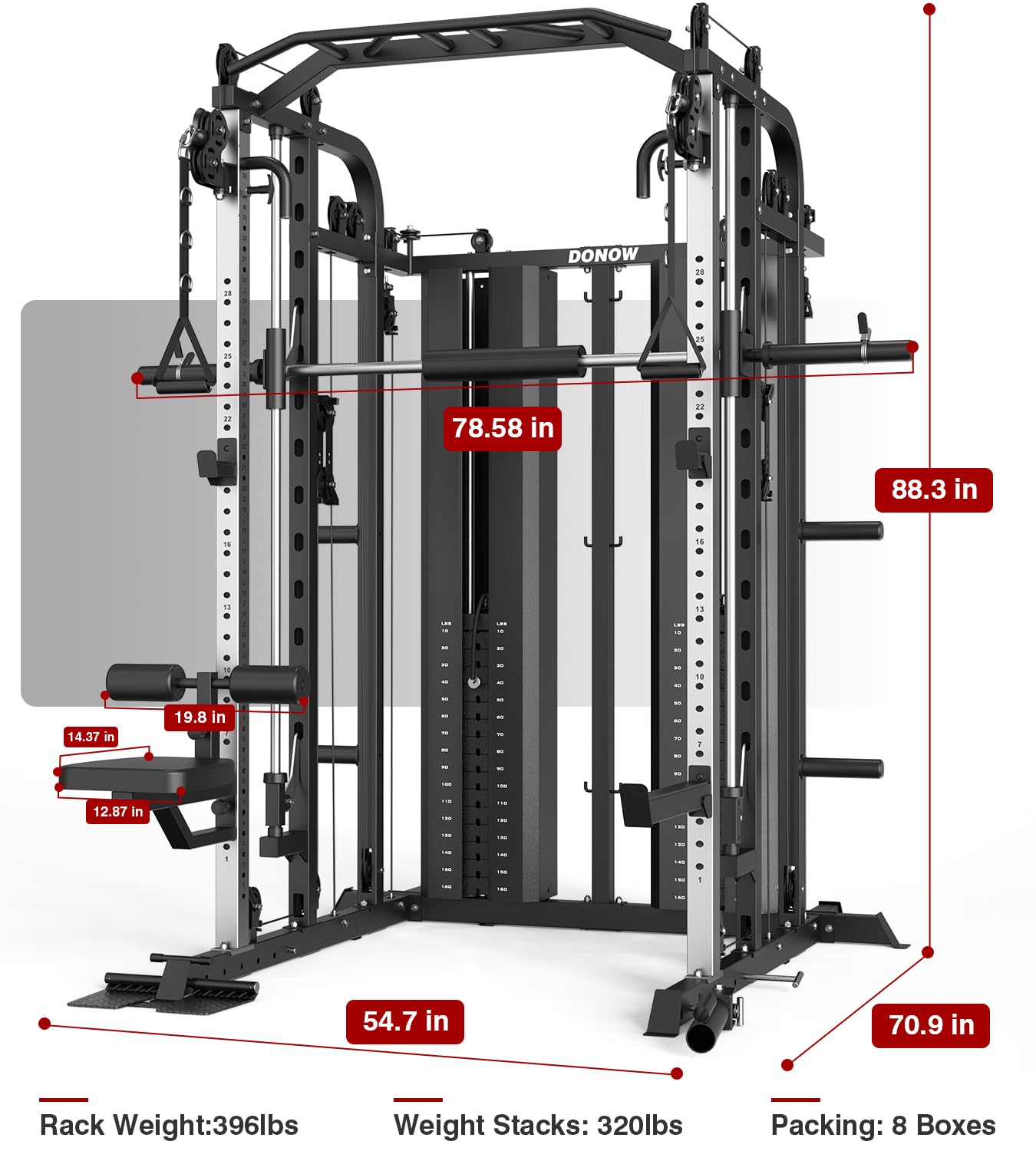 DONOW Smith Machine with Weight Stacks, Multi Function Home Gym System Training Power Cage Squat Rack Dual Cable Crossover Machine All in One