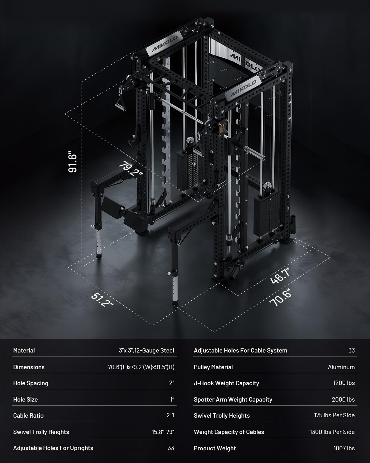 Mikolo Anubis-2.0 Smith Machine with Weight Stack, 3×3 All-in-One Power Cage with LAT Pulldown & Cable Crossover, 3200LBS Multi-Function Trainer with 175LBS Dual Pulley System for Fitness Home Gym