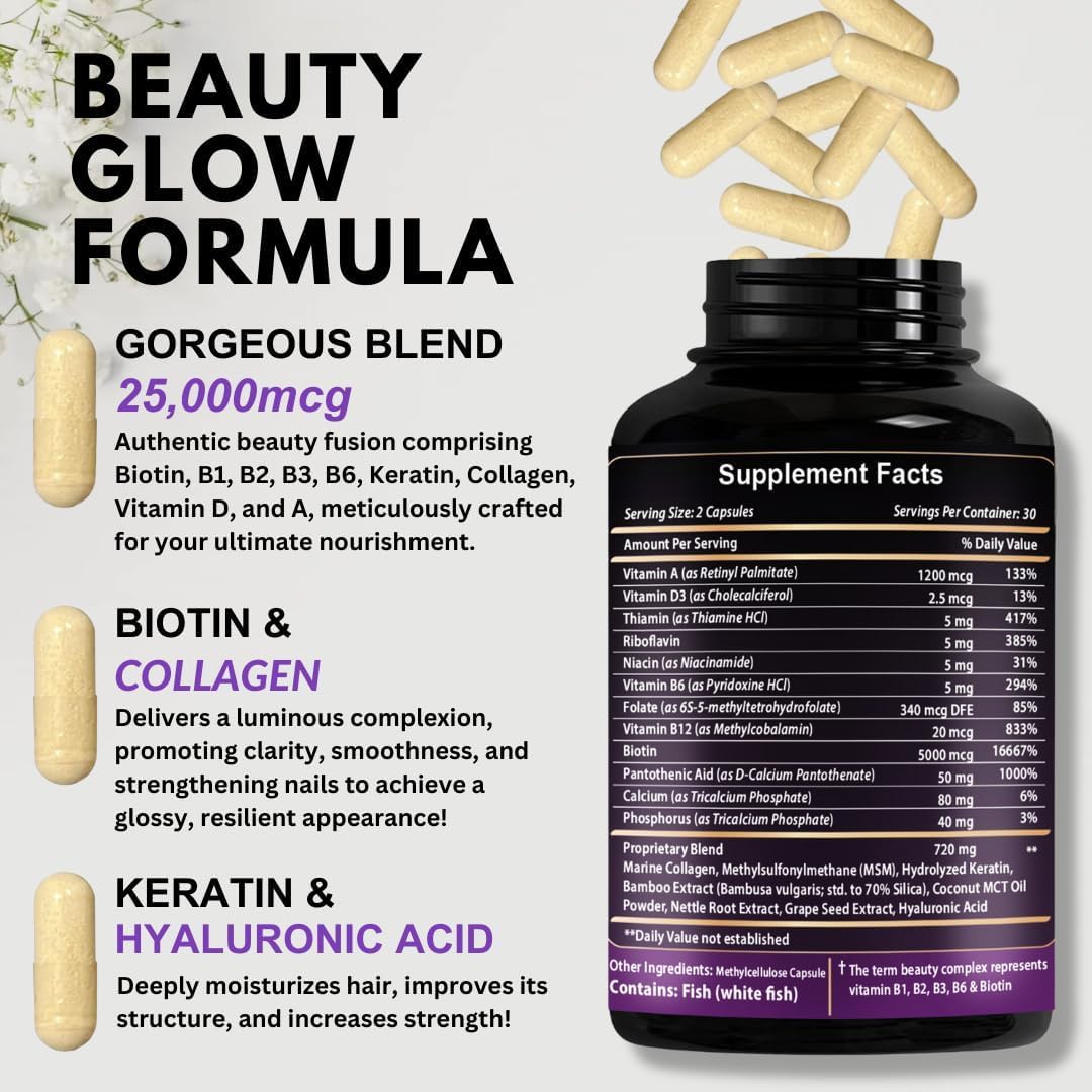 Vitboost Biotin with Hyaluronic Acid, Collagen and Keratin – 25000 mcg Hair Growth Vitamins for Men and Women – Nails and Skin, USA Made - Third Party Tested, B1, B2, B3, B6, B7 Complex - 120 Capsules