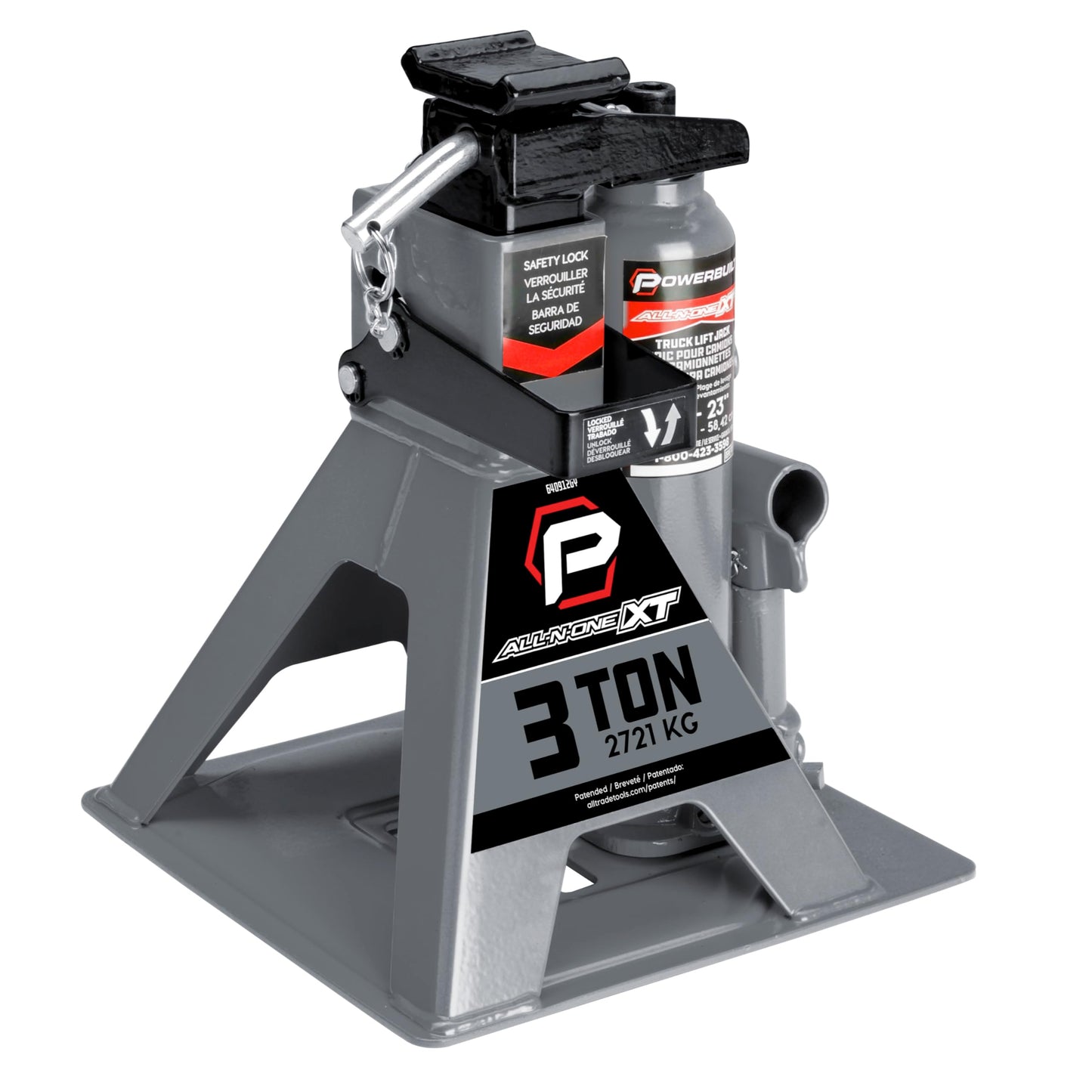 POWERBUILT 3 Ton All-in-One Hydraulic Bottle Jack and Jackstand in One, Compact, Wide Base, 11-21 inch Range, Eliminates Jackstands, for Trucks, SUVs, RVs, Trailers, Not for Sedans (Grey) 640912GY