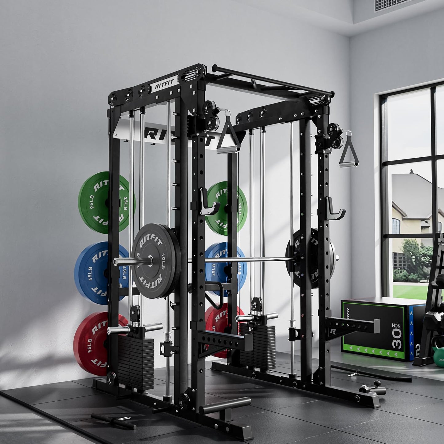 RitFit M2 Smith Machine with with Cable Crossover System, 3D Functional Trainer & Power Cage, 16 Adjustment Holes, 6 Storage Pegs for Full-Body Home Gym(M2 Pro Black)