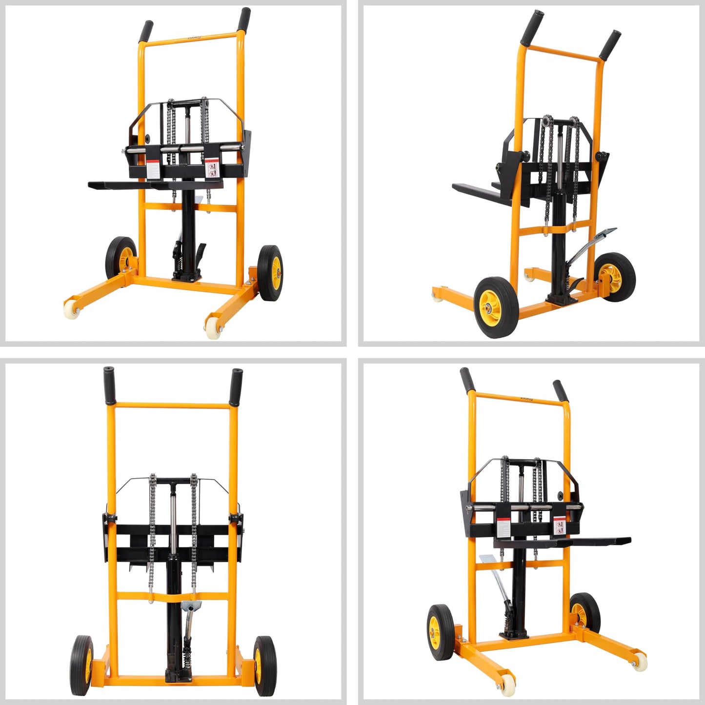 Hydraulic Manual Forklift Pallet Stacker Forks 440 lbs Load Capacity Steel Material with Swivel Casters Rear Rubber Tires 30" x 26" x 49.25"H Heavy Duty Dolly Hand Truck Transporter Yellow