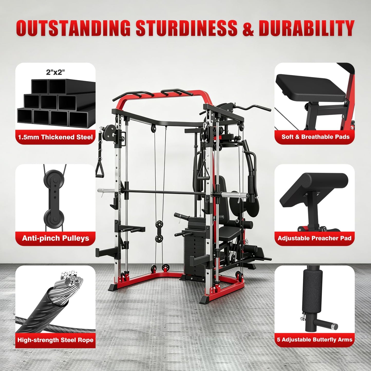 SPART All-in-One Home Gym Workout Station,Smithe Machine Home Gym Power Cage,Professional Functional Trainer for Couples & Family Strength Training,Leg Press, LAT Station for Full Body Training, Red