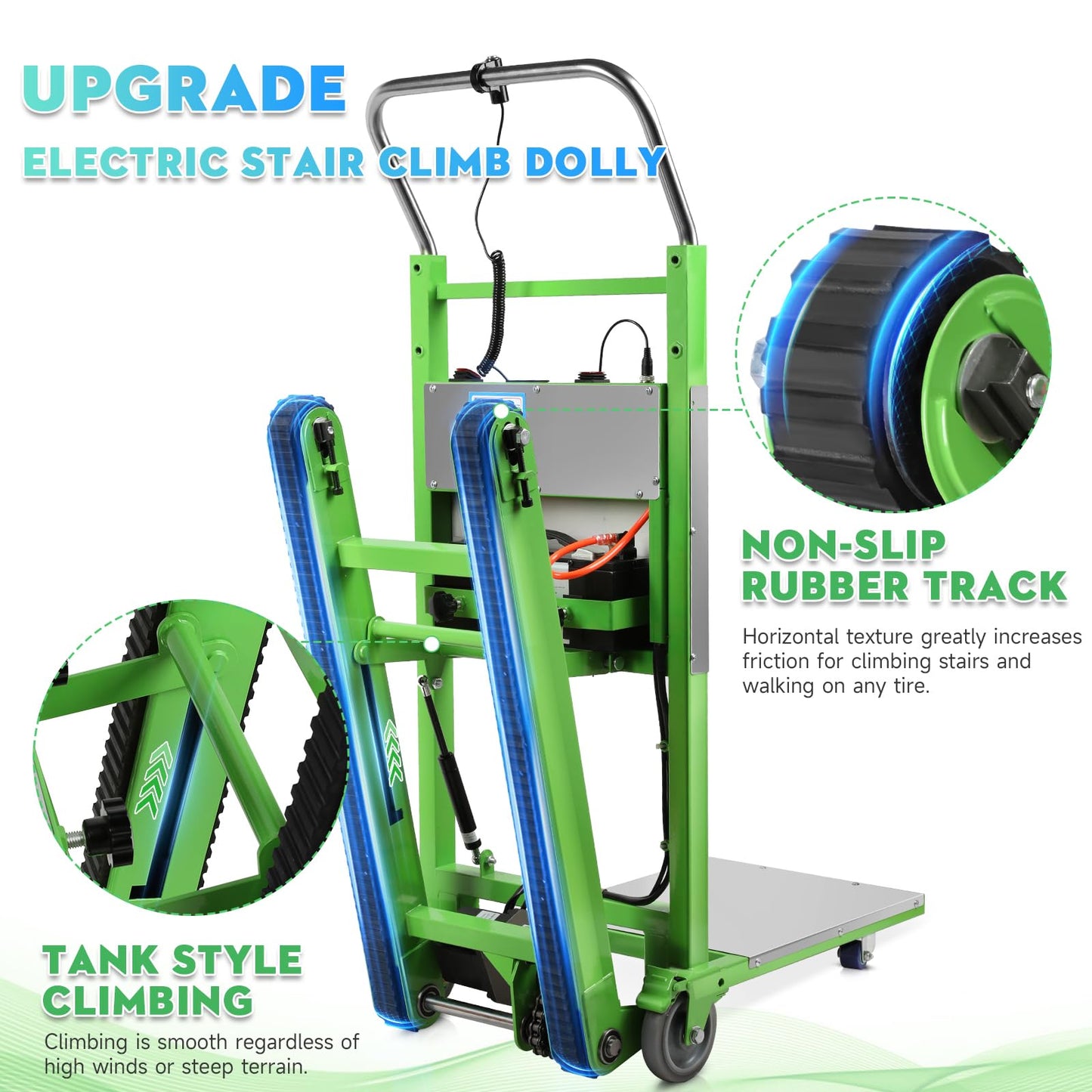 Electric Stair Climbing Dolly, Heavy Duty Stair Climber 900lbs Capacity 1250W Motorized Hand Truck with Ropes & Foldable Design for Moving Furniture Logistics (Green, Track)