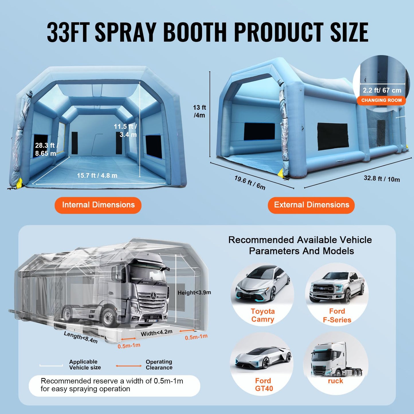 VEVOR Inflatable Booth for Cars Trucks Large Spray Tent with High Powerful 950W+1100W Two Blowers, 33x20x13ft Painting Shelter with Air Filter System, Blue