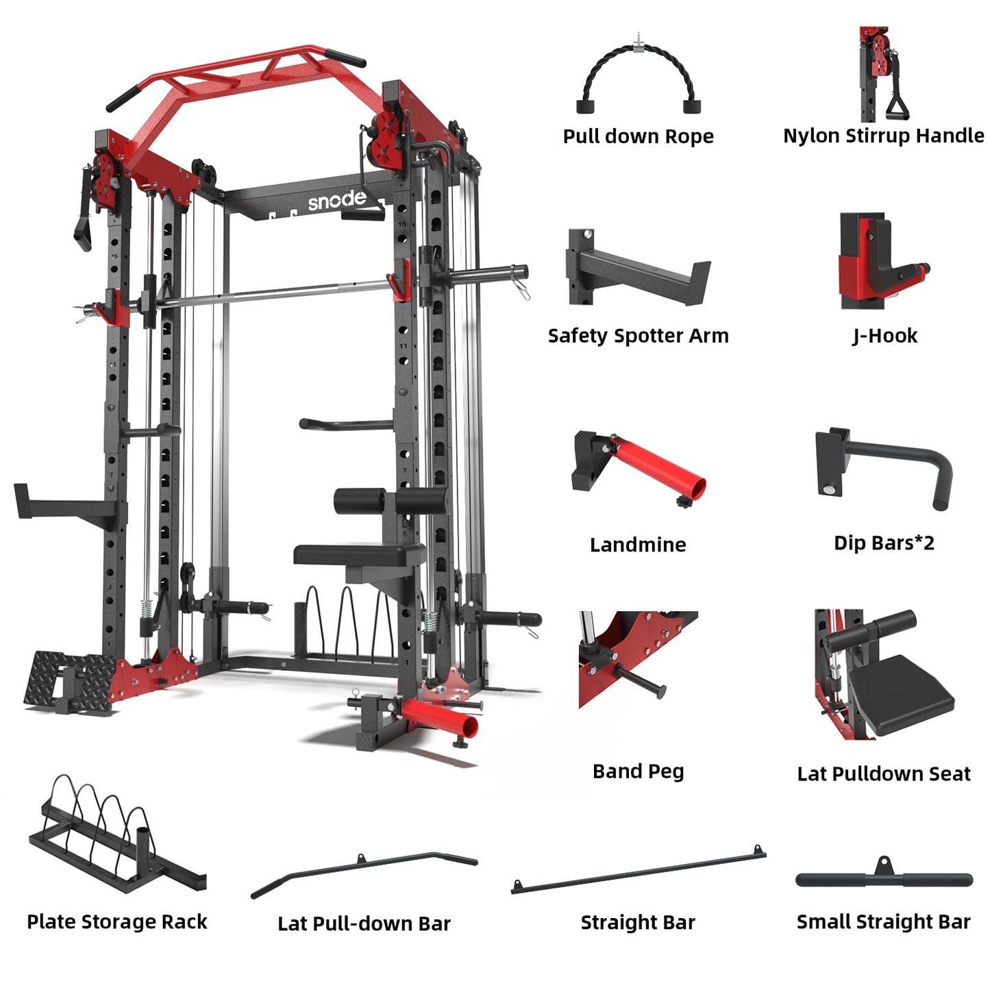 SNODE Smith Machine for Home Gym, Power Rack with Cable Crossover, Squat Rack with Advanced LAT Pull-Down, 2000LB Weight Capacity (BK ALL10 Machine)