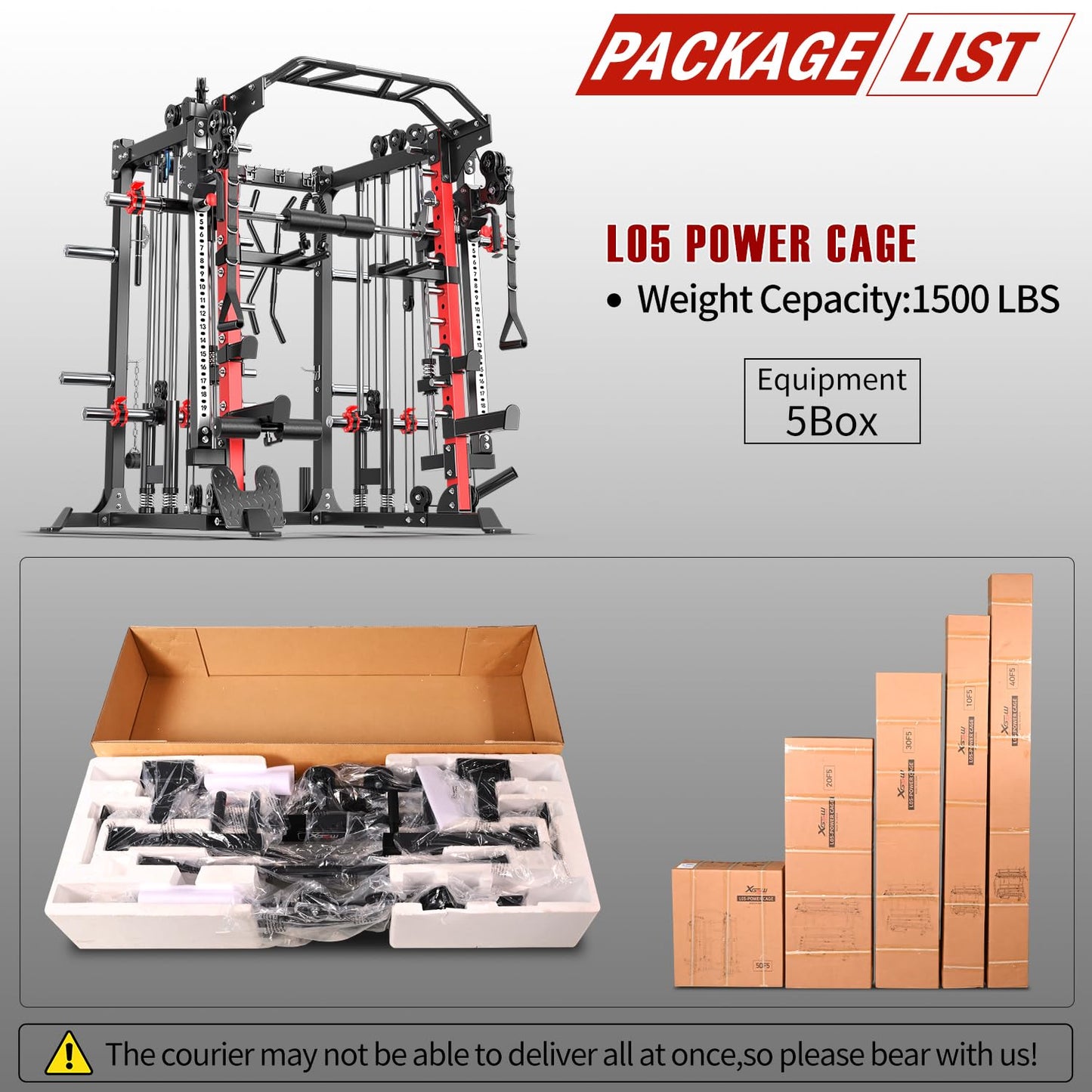Smith Machine with Cable Crossover System, Multi-Function Squat Rack Power Cage for Home Gym, Power Rack and Packages (Red, L05-Smith Machine)