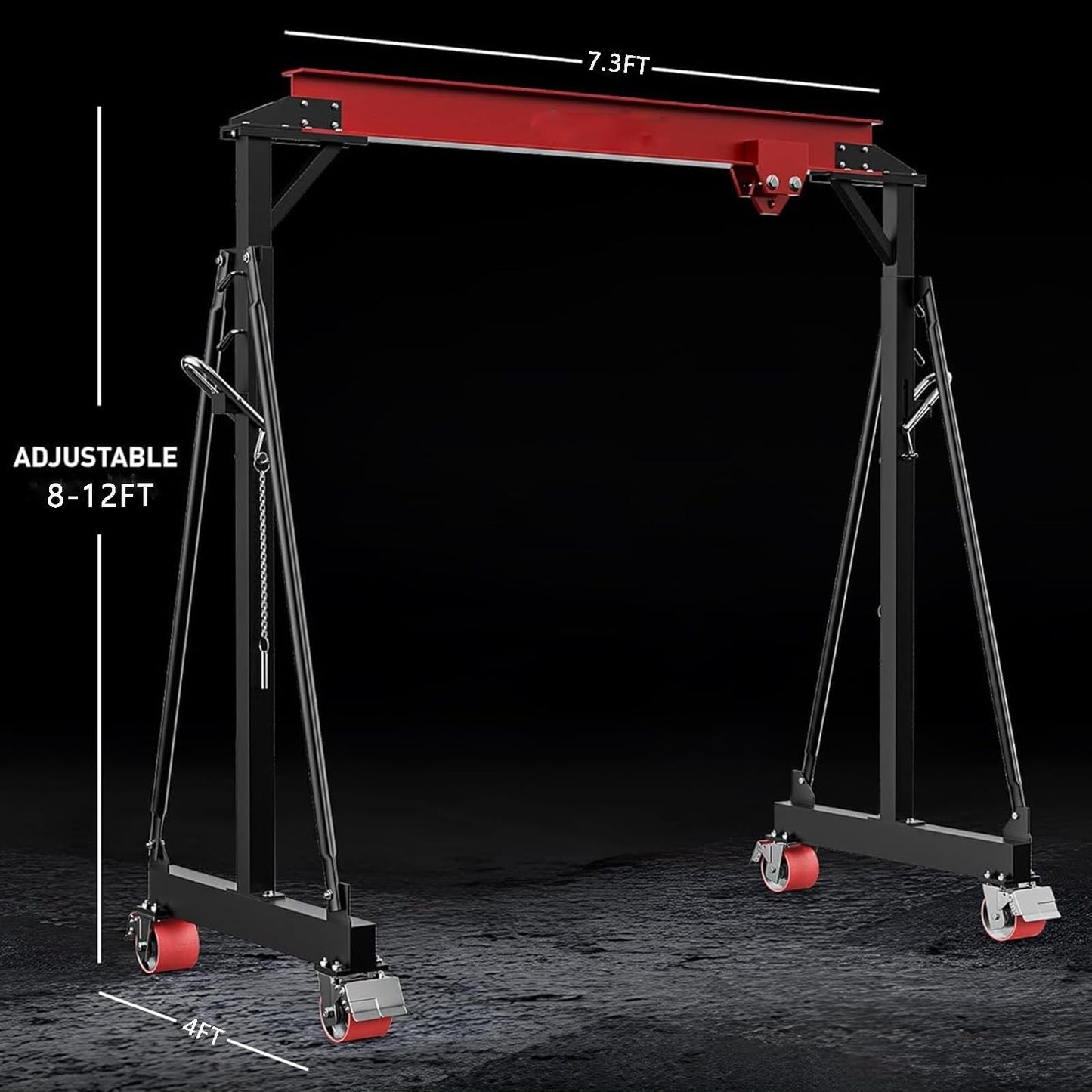2 Ton Adjustable Height Gantry Crane with Manual Trolley, Hooks and Shackles - 4400 LBS Heavy Duty Steel Shop Crane with Locking Casters for Workshop, Garage, Warehouse