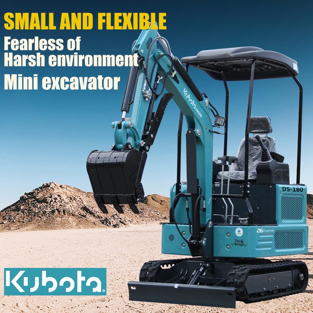 DigSwift DS-180, 1.8 Ton Diesel Mini Excavator with EPA Certified KubotaEngine, Pilot Control System, Hydraulic Thumb clamp,Bucket, US in Stock, Include 12 Months Parts Replacement Service