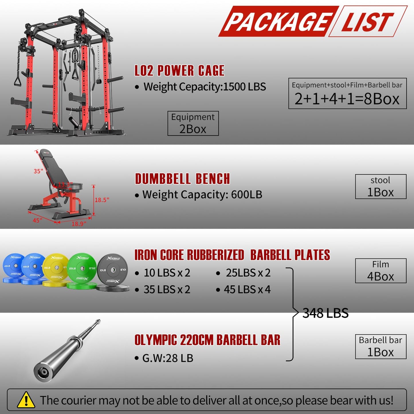 Power Cage and Packages,Smith Machine Weight Stack Set with Cable Crossover System, Multi-Function Squat Rack Power Rack for Home Gym. (Red, G Set L02+Weight Bench+(Pole+Color BP) 348LBS)
