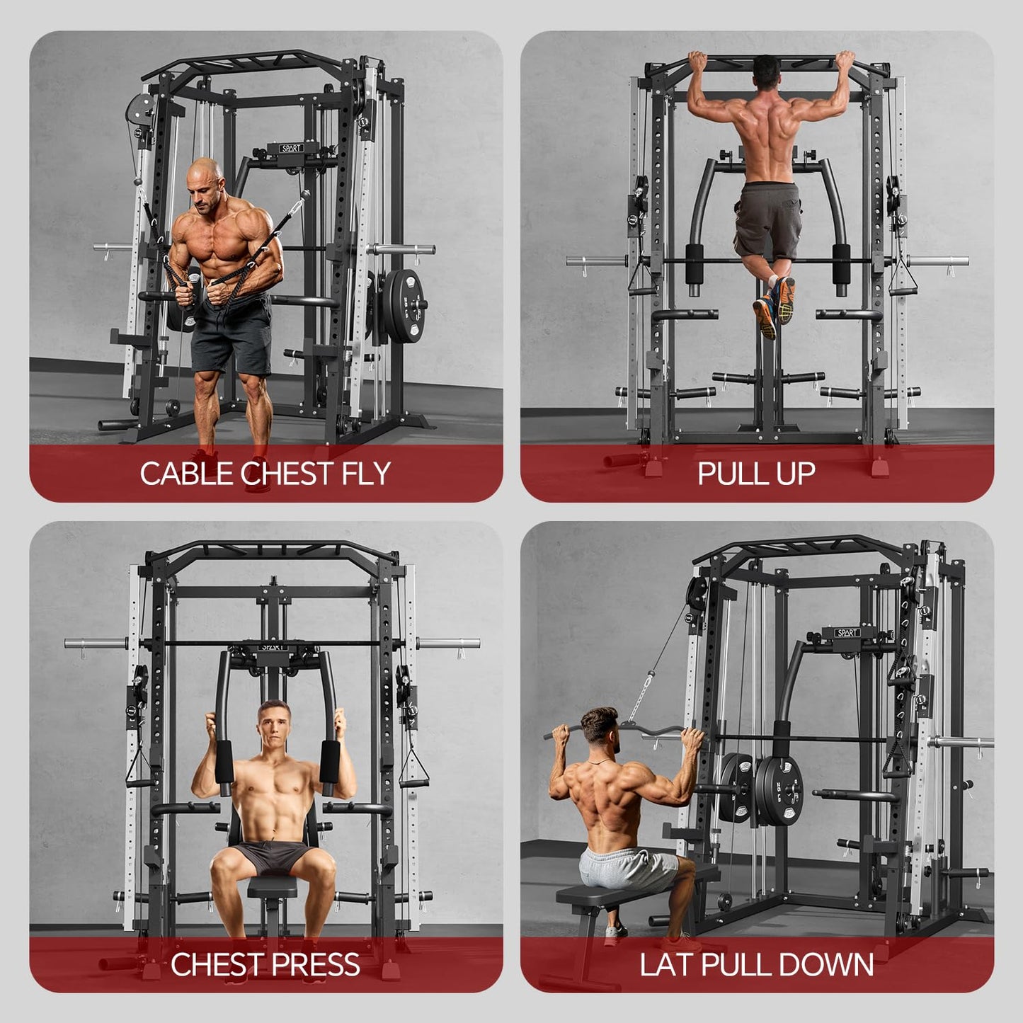 SPART Workout Station Angled Smith Machine,Cage System-Home Gym Multifunction Rack,Workout Equipment with Smithe Bar, LAT Pull-Down Systems, Cable Crossover Machine and Cable Attachment
