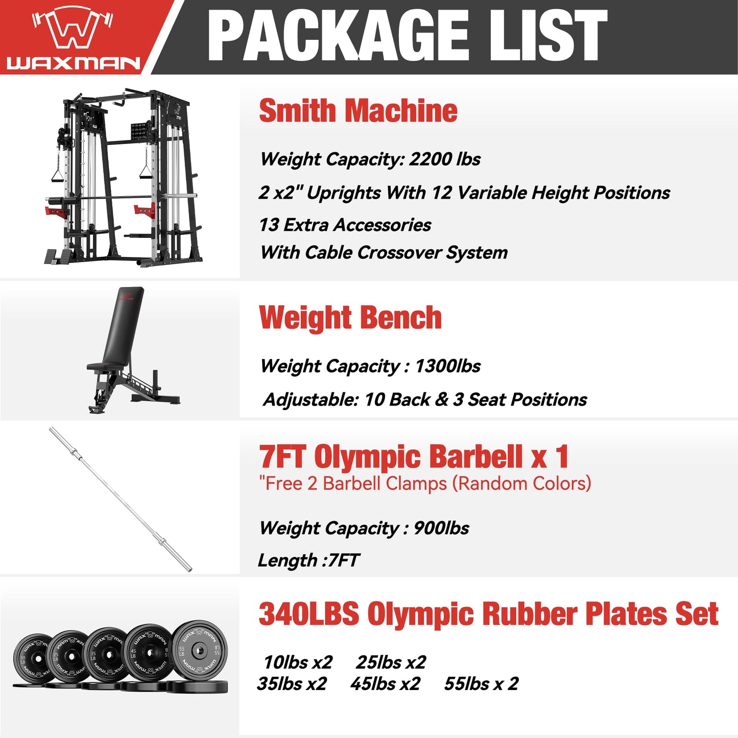 Waxman Smith Machine, 2200lbs Squat Rack with LAT-Pull Down System & Cable Crossover Machine, Training Equipment with Leg Hold-Down Attachment