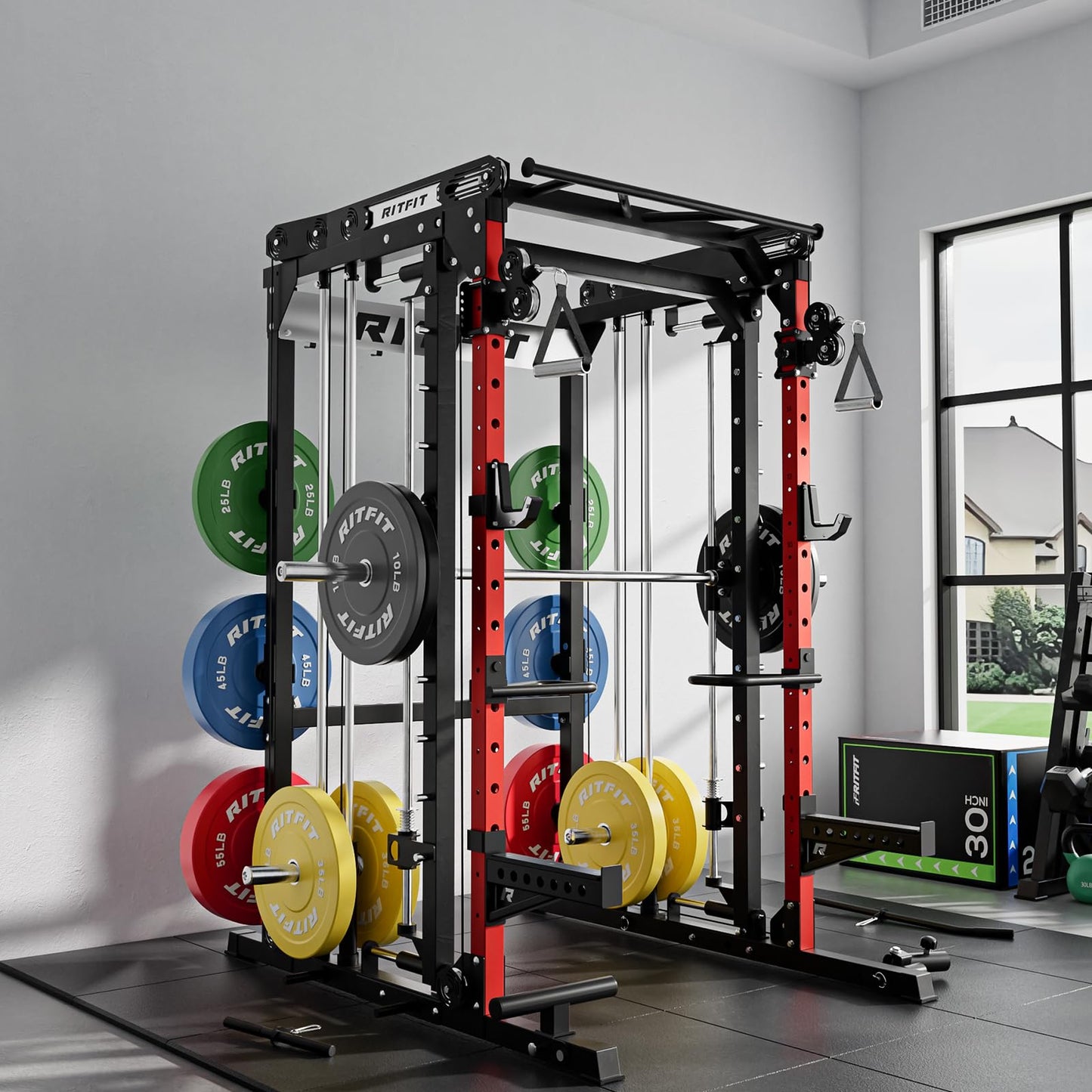 RitFit M2 Smith Machine with with Cable Crossover System, 3D Functional Trainer & Power Cage, 16 Adjustment Holes, 6 Storage Pegs for Full-Body Home Gym(M2-3D Red)