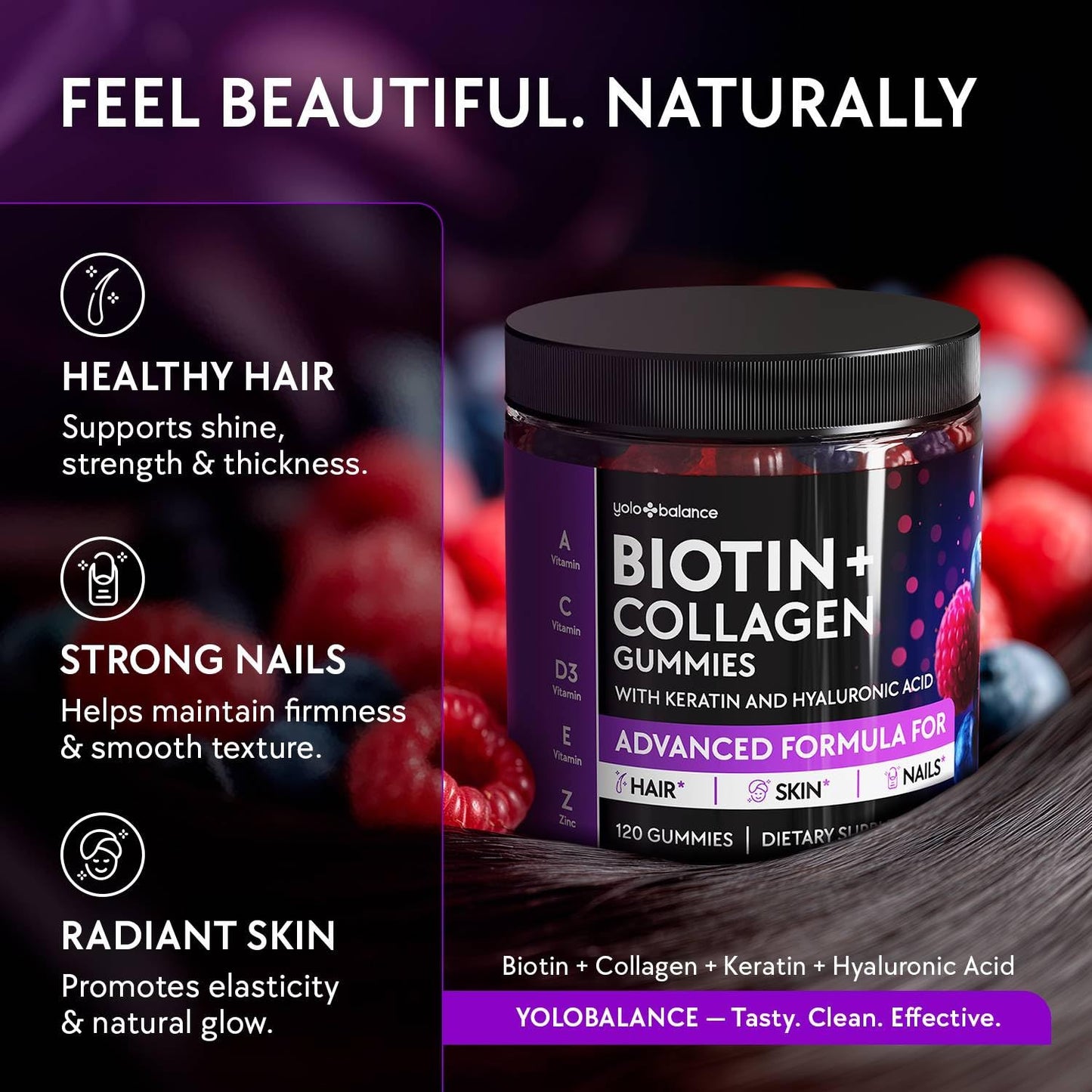 YOLOBALANCE Biotin Gummies 10000mcg for Hair Growth Support - Sugar Free Multi Collagen with Keratin, Silica & Hyaluronic Acid - Pectin Based, Soft Chew Hair Skin and Nails Vitamins - 120 Count