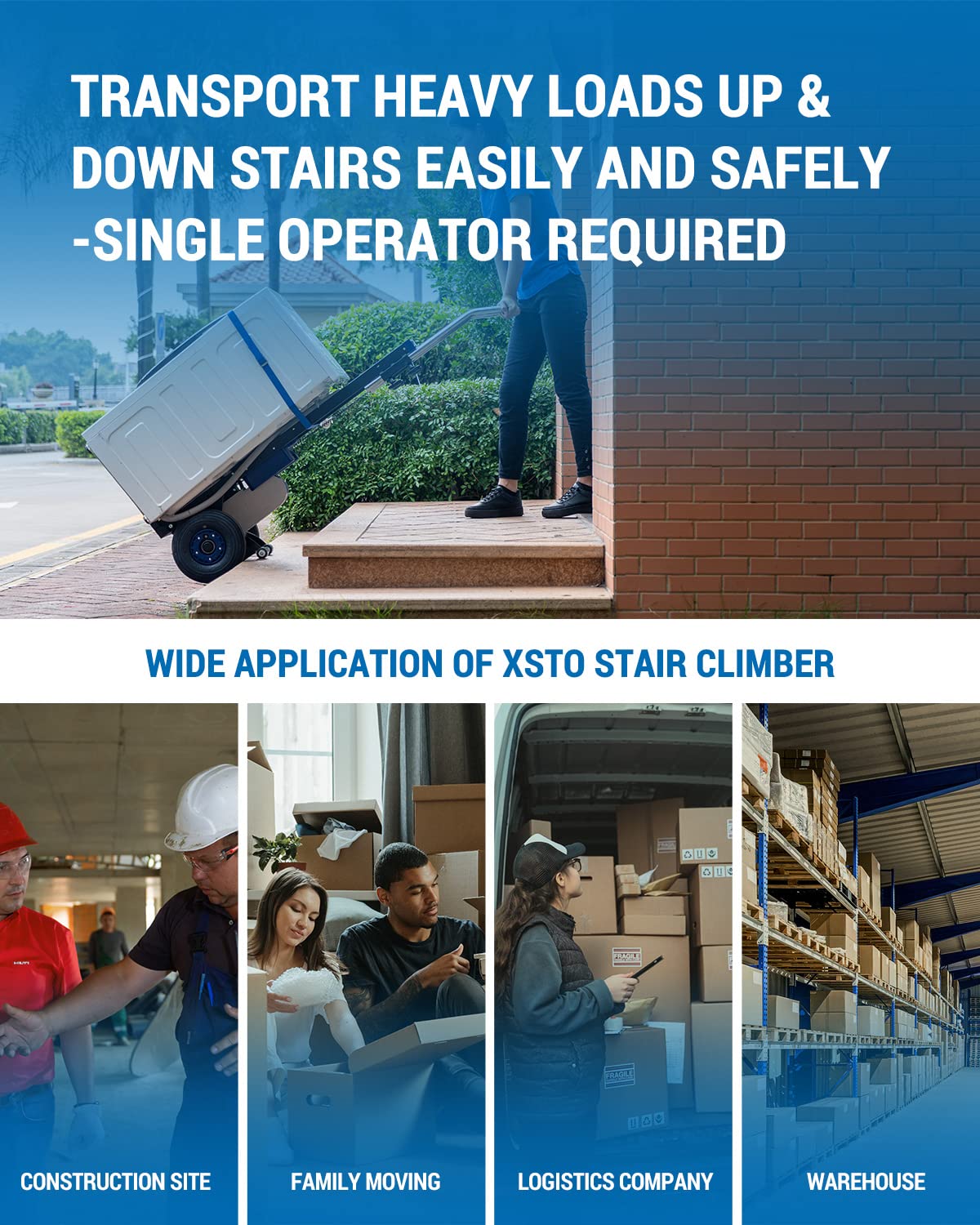 XSTO ZW47250 Electric Stair Climbing Hand Trucks with Retractable 4th Wheel Attachment Heavy Duty Foldable Dolly Cart for Moving Powered Stair Climber Cart Hand Trolley 550lb LBS Capacity