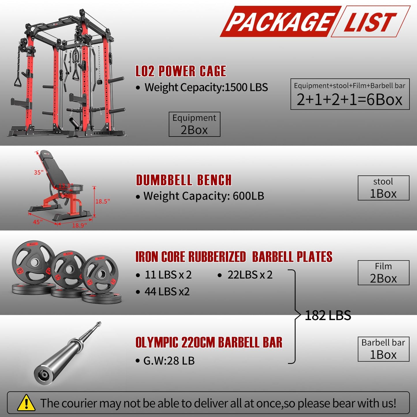 Power Rack Power Cage Multi-Function Squat Rack with Cable Crossover System Selectable More Training Attachment Power Rack for Garage & Home Gym (Red, C Set L02+Weight Bench+(Pole+Cast Iron) 182LBS)