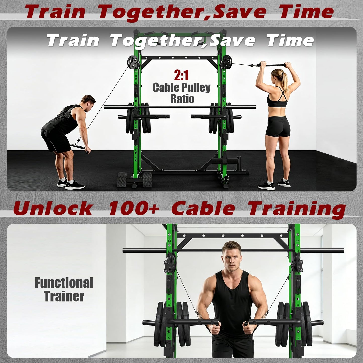 ONNO Smith Machine, 2200lbs Squat Rack with LAT-Pull Down & Cable Crossover System, Multi-Function Power Cage for Home Gym with Leg Hold-Down Attachment, Green